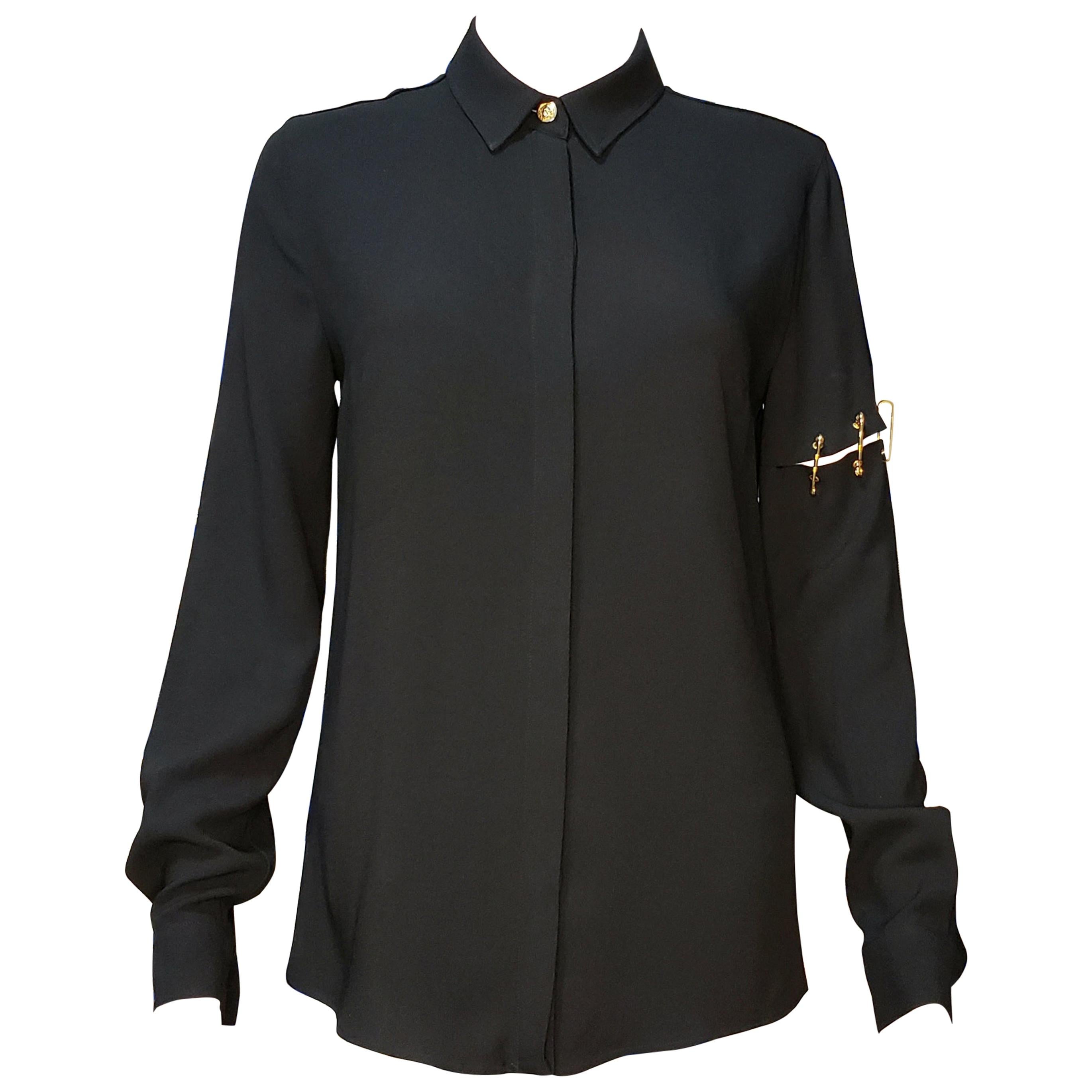VERSUS VERSACE BLACK LONG SLEEVE SHIRT with GOLD-TONE LION PINS 38 - 2 For  Sale at 1stDibs