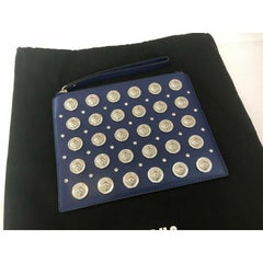 Versus Versace Blue All Over Silver Logo Embellishments Clutch Leather M Bag