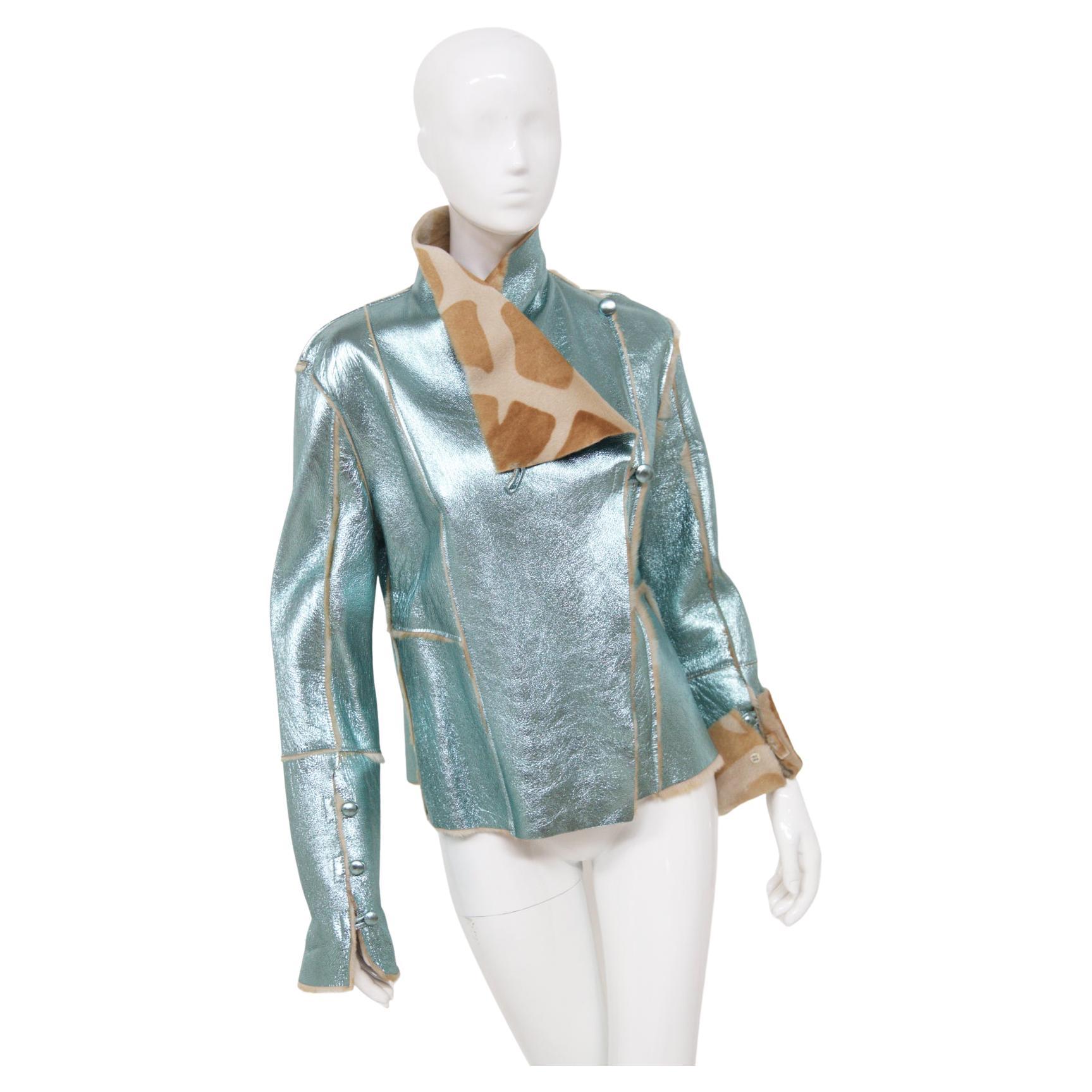 Versus Gianni Versace Eccentric Blue Leather Jacket For Sale