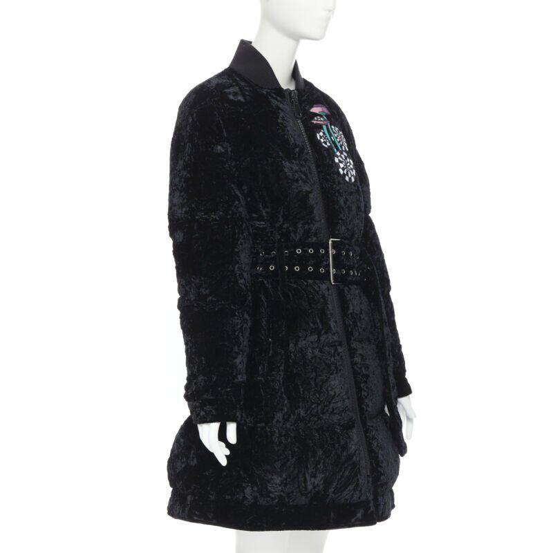 Women's VERSUS VERSACE embroidery black crushed velvet belted puffer jacket IT38 For Sale