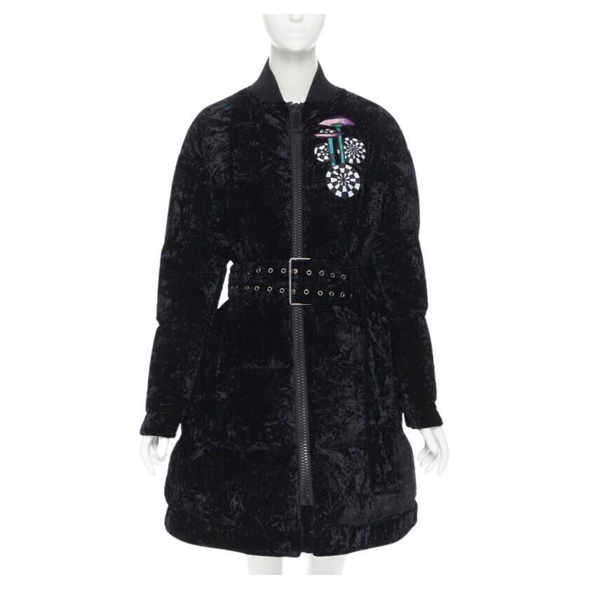 VERSUS VERSACE embroidery black crushed velvet belted puffer jacket IT38 For Sale