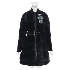 VERSUS VERSACE embroidery black crushed velvet belted puffer jacket IT38