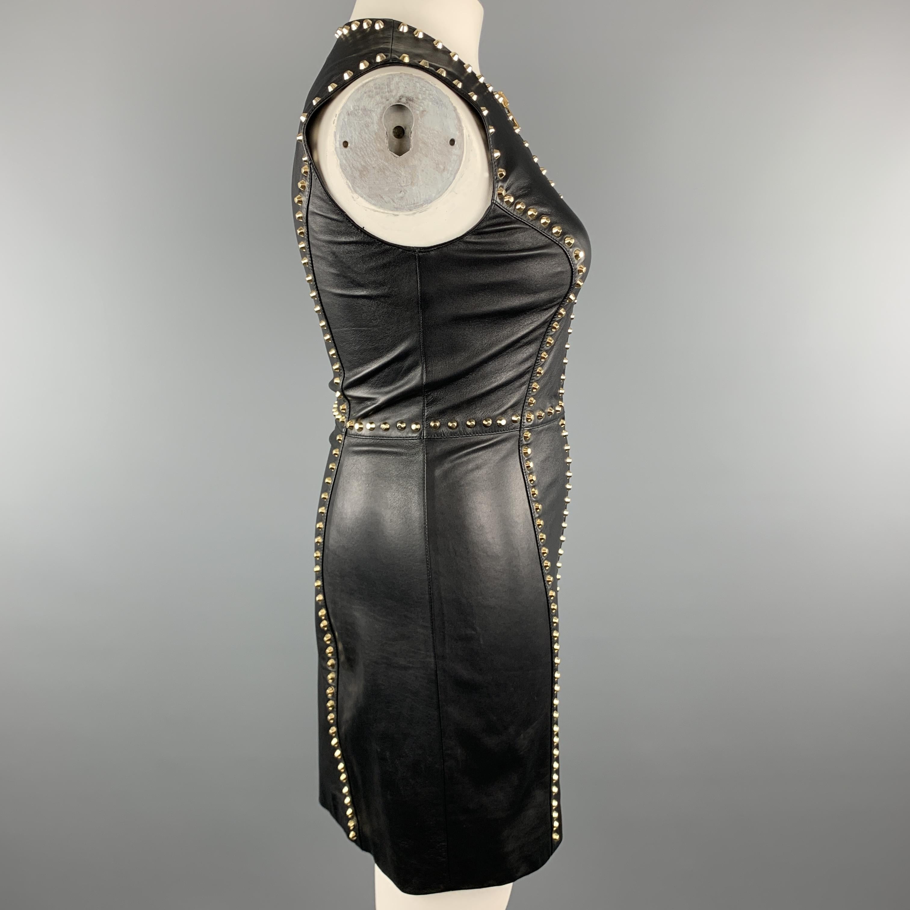 VERSUS VERSACE Size 8 Black Leather Gold Studded Sleeveless Sheath Dress In Excellent Condition In San Francisco, CA