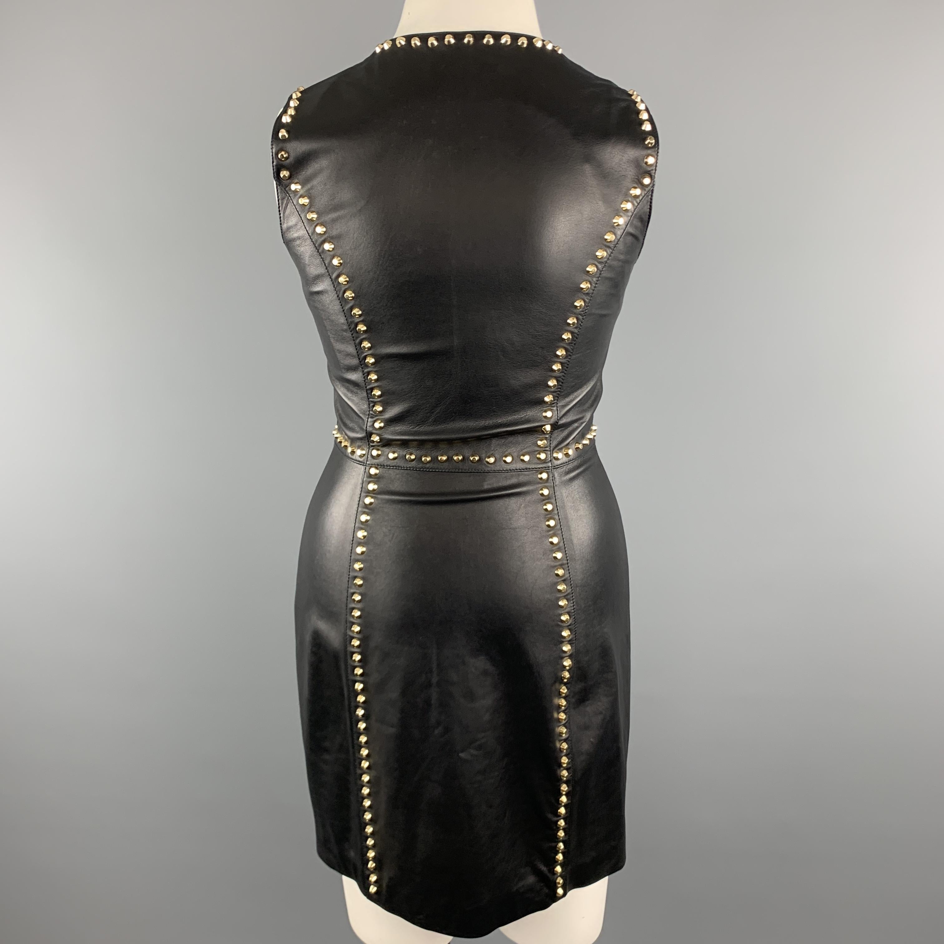 Women's VERSUS VERSACE Size 8 Black Leather Gold Studded Sleeveless Sheath Dress