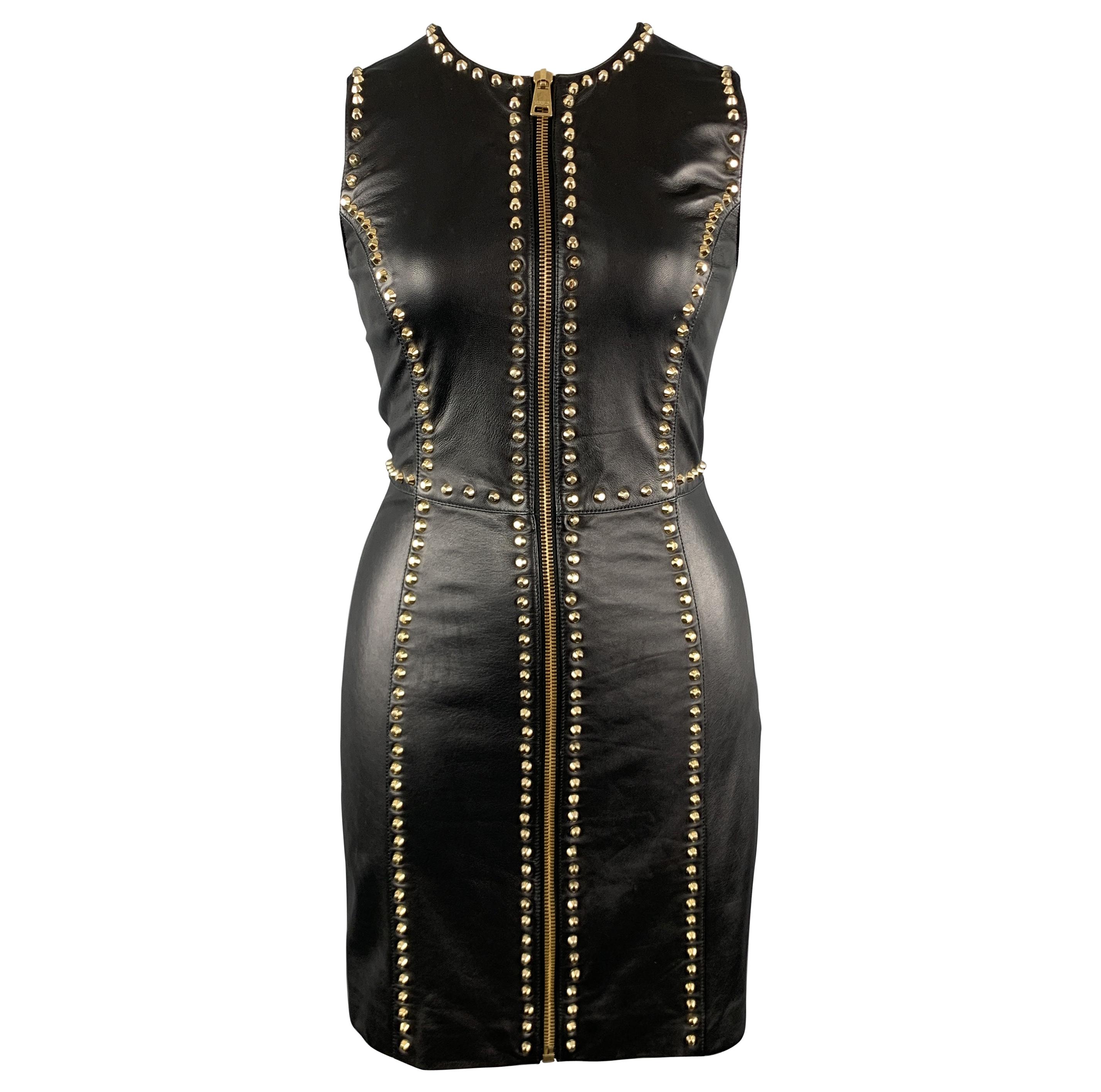 VERSUS VERSACE Size 8 Black Leather Gold Studded Sleeveless Sheath Dress