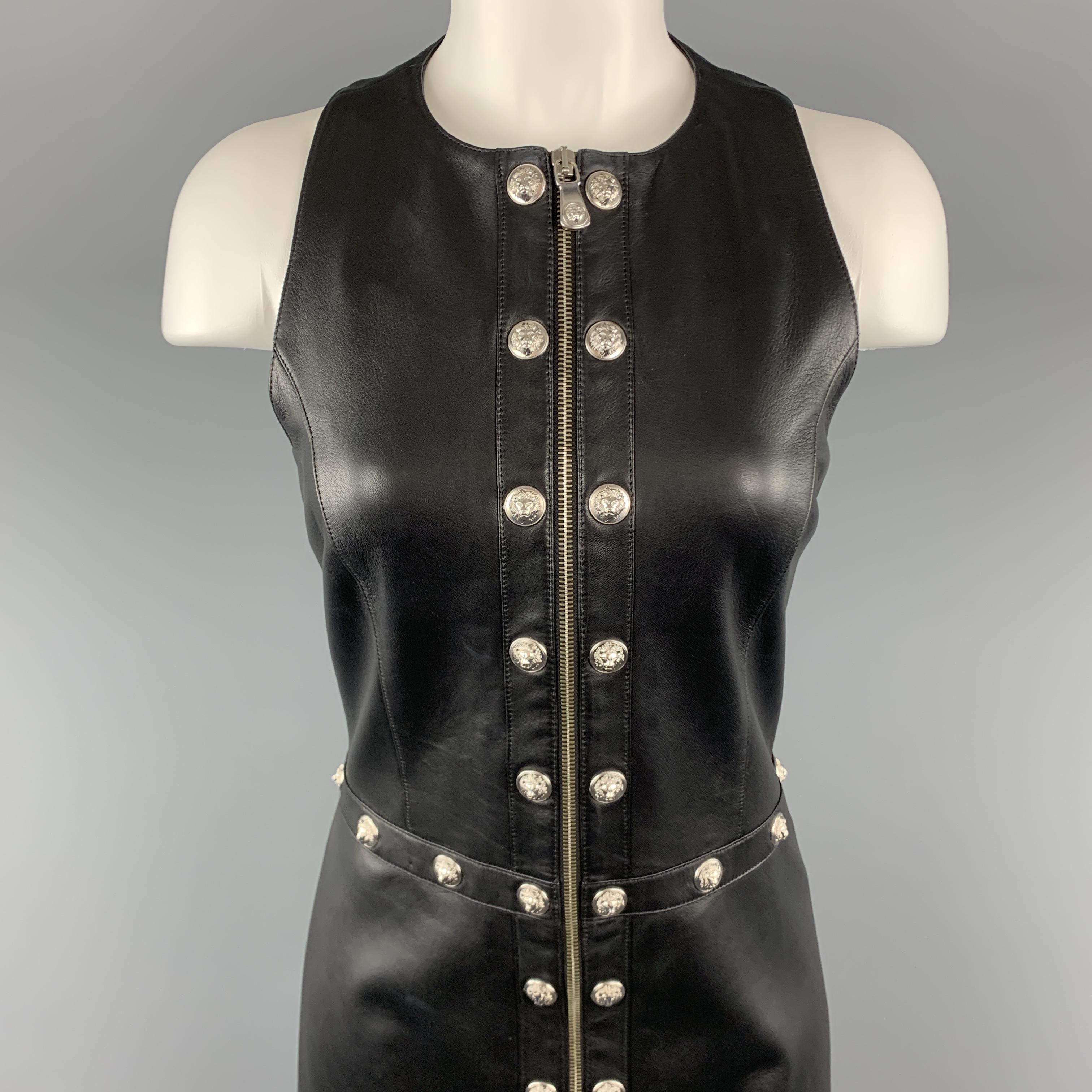 VERSUS by GIANNI VERSACE sleeveless sheath dress comes in smooth black leather with silver tone lion head studded trim throughout and zip up front. 

Excellent Pre-Owned Condition.
Marked: IT 44

Measurements:

Shoulder: 9.5 in.
Bust: 36 in.
Waist: