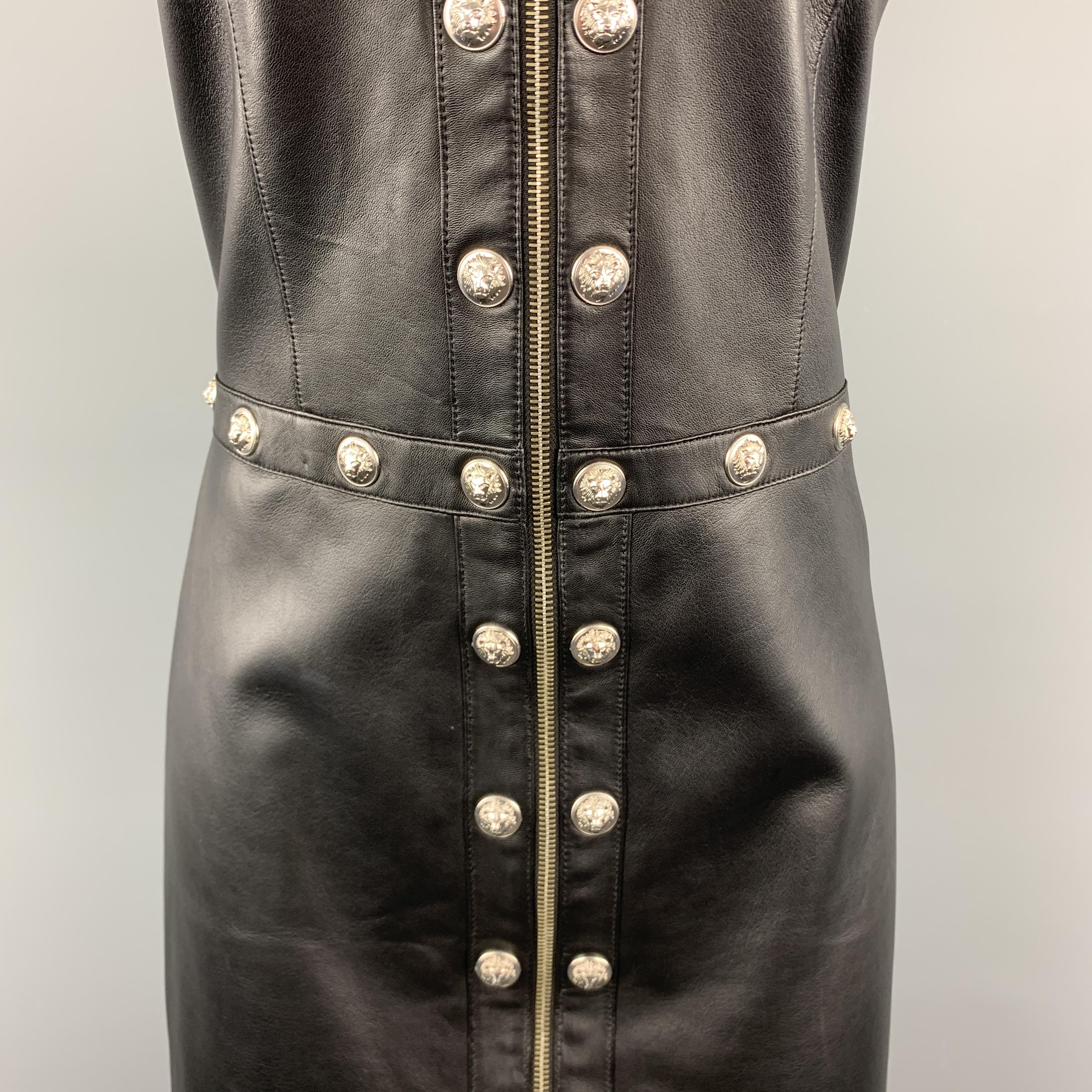 VERSUS VERSACE Size 8 Black Leather Silver Lion Head Studded Sheath Dress In Excellent Condition In San Francisco, CA