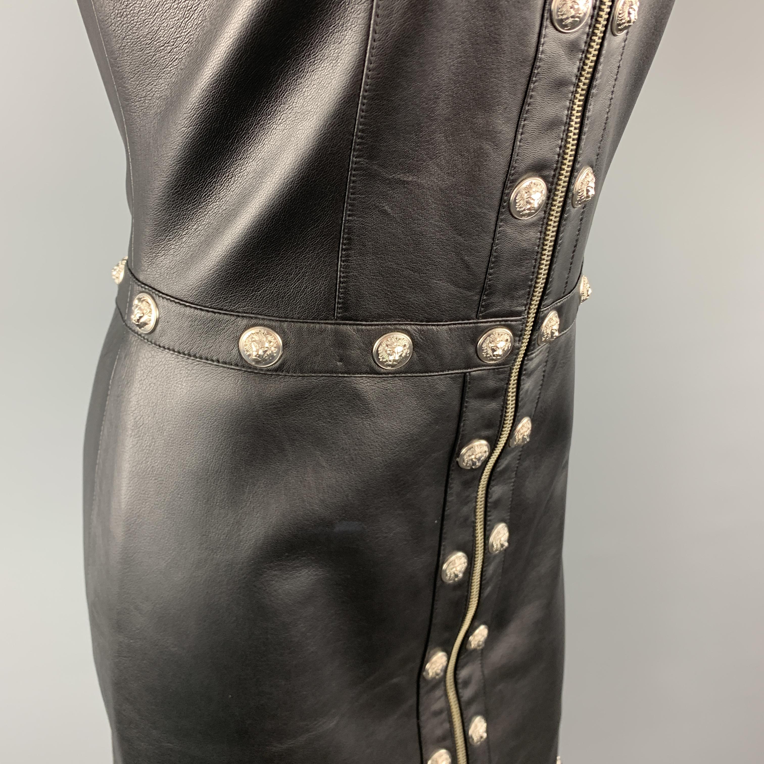 Women's VERSUS VERSACE Size 8 Black Leather Silver Lion Head Studded Sheath Dress