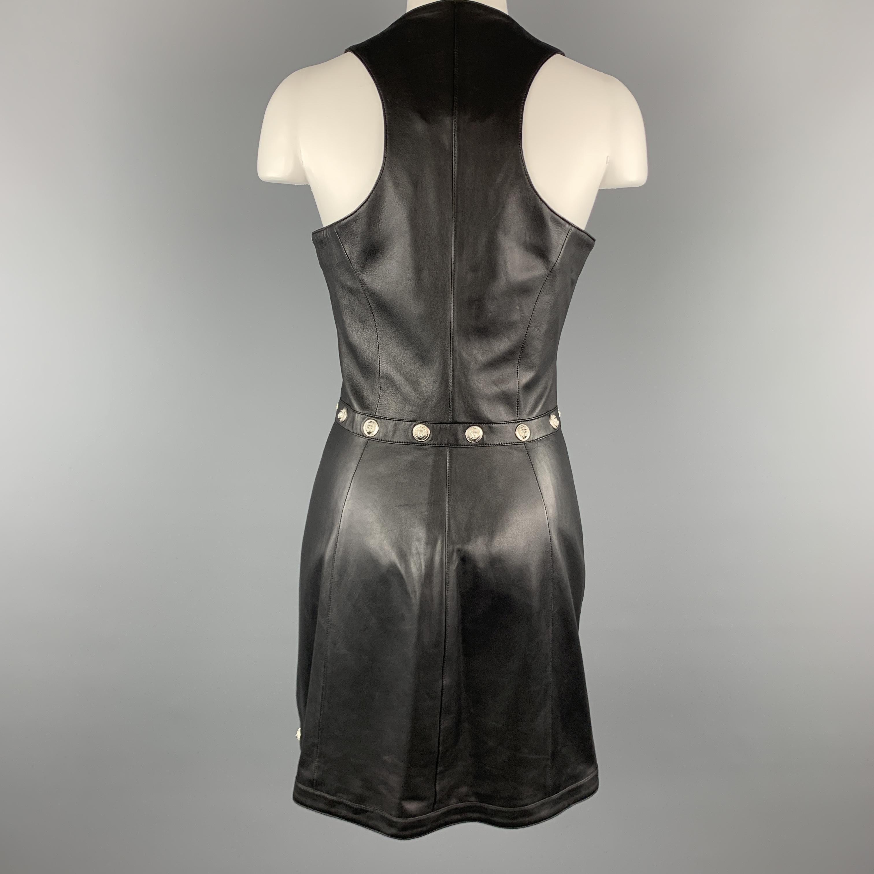 VERSUS VERSACE Size 8 Black Leather Silver Lion Head Studded Sheath Dress 1