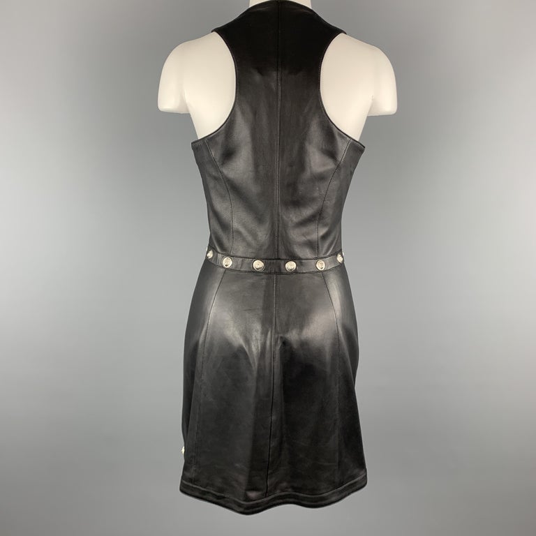 VERSUS VERSACE Size 8 Black Leather Silver Lion Head Studded Sheath