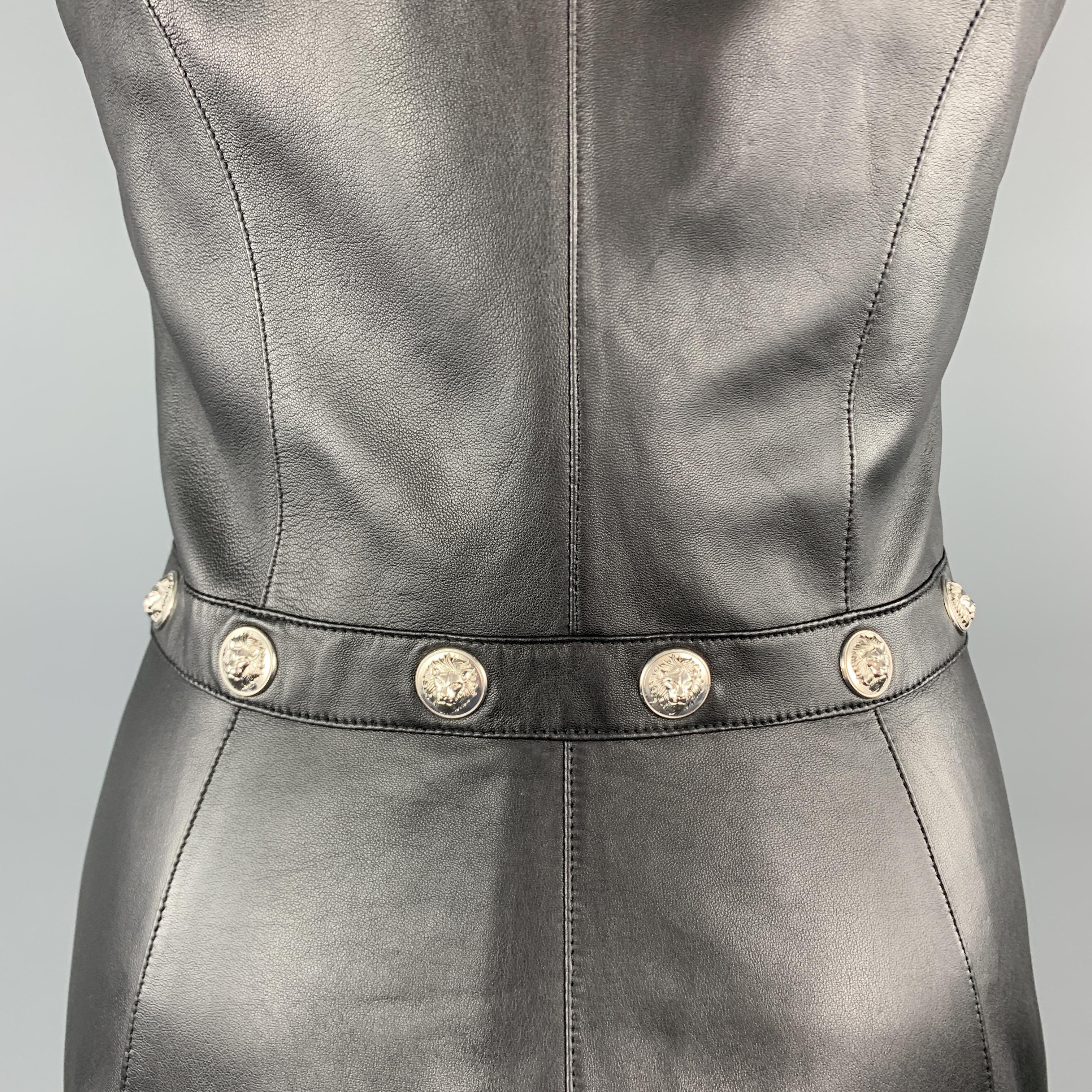 VERSUS VERSACE Size 8 Black Leather Silver Lion Head Studded Sheath Dress 2