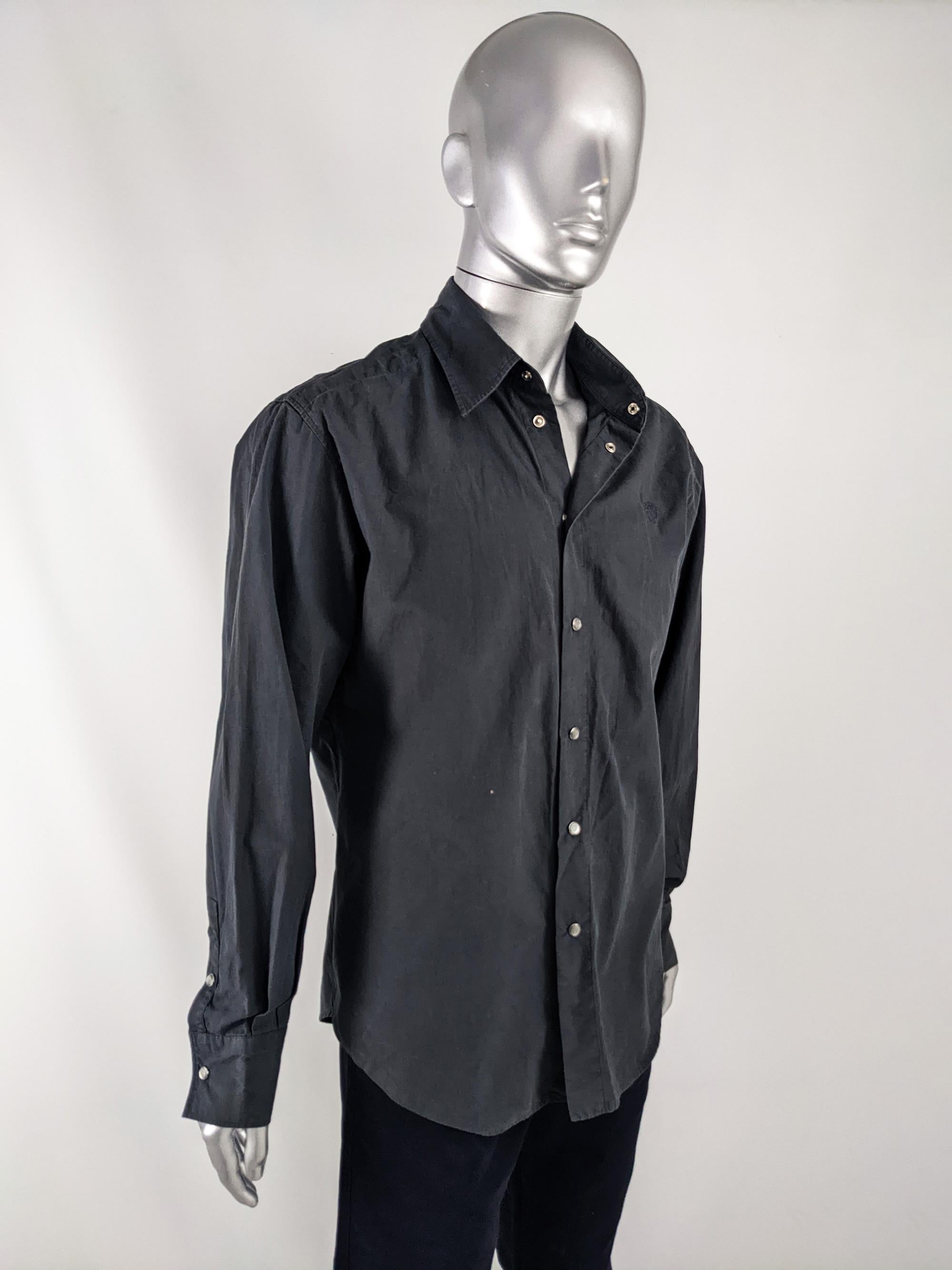 Black Versus Versace Vintage 1990s Charcoal Grey Shirt Pearl Snaps Gold Embroidery
