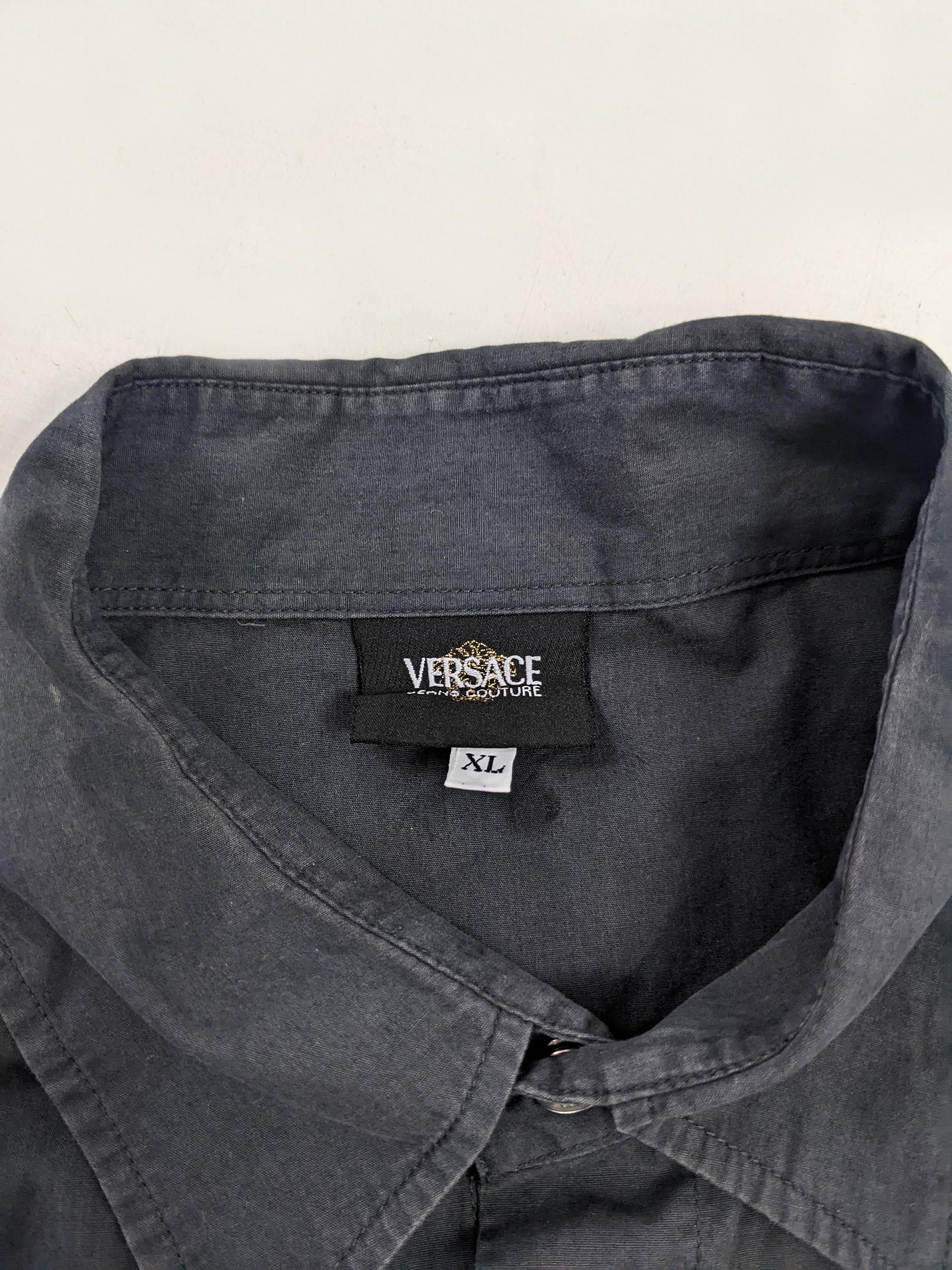 Versus Versace Vintage 1990s Charcoal Grey Shirt Pearl Snaps Gold Embroidery 3