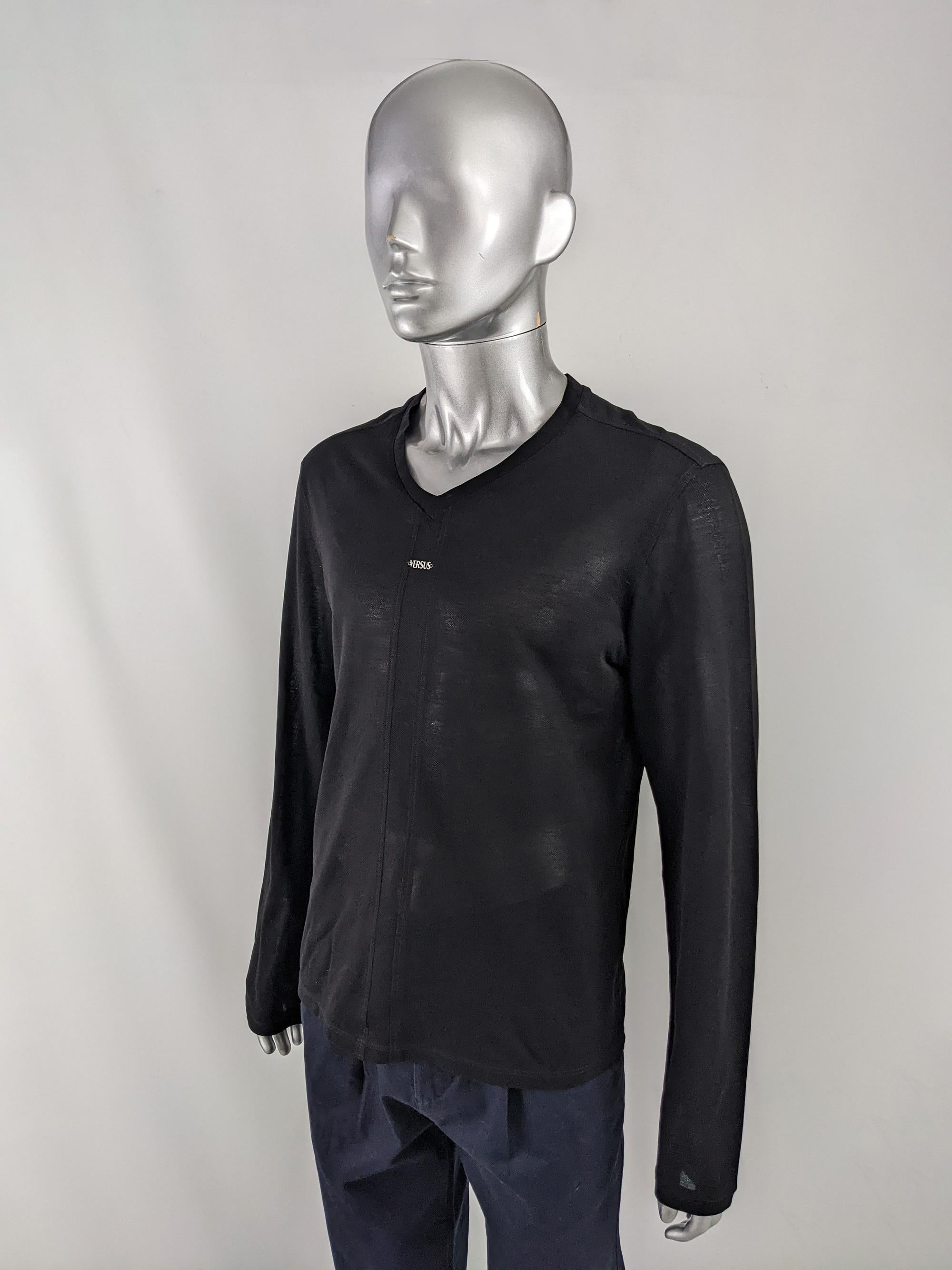 Men's Versus Versace Vintage 2000s Black Mesh Shirt Long Sleeve Top Y2K Party Shirt For Sale