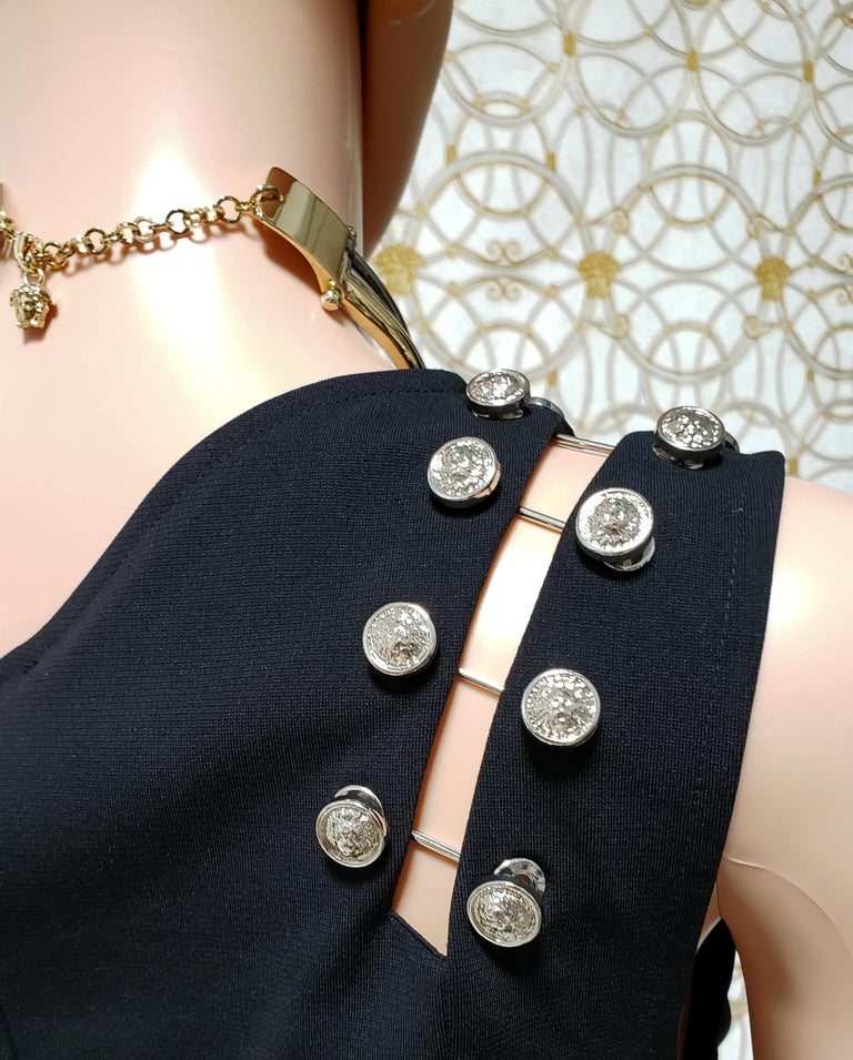 VERSUS VERSACE+ANTHONY VACCARELLO ASYMMETRIC BLACK DRESS w/SILVER LION