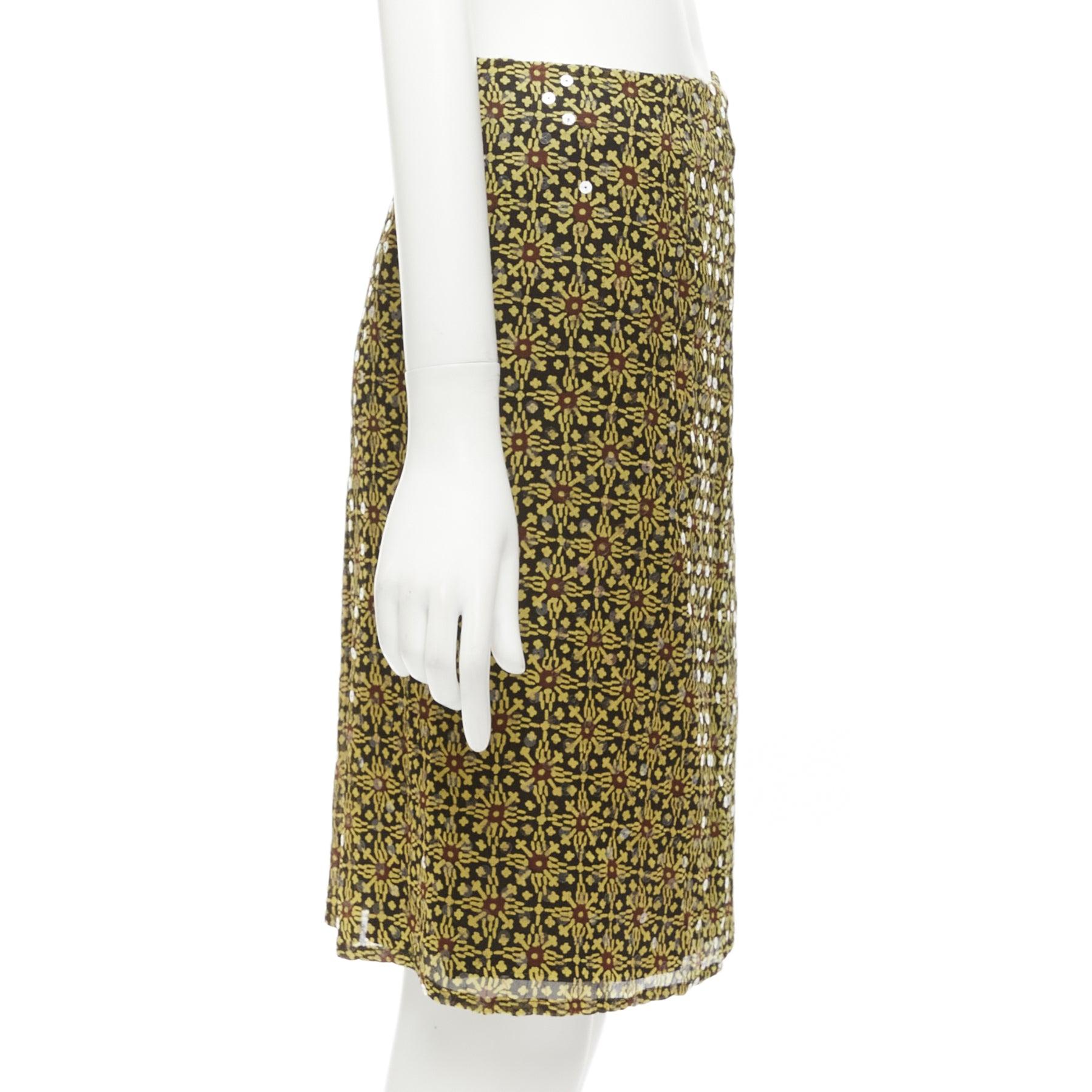 Women's VERSUS Vintage 100% silk yellow black sequins mid rise knee skirt 26