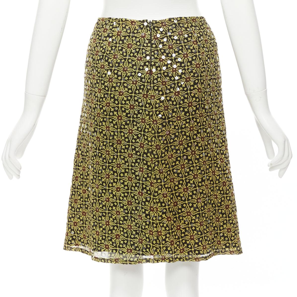 Women's VERSUS Vintage 100% silk yellow black sequins mid rise knee skirt 26