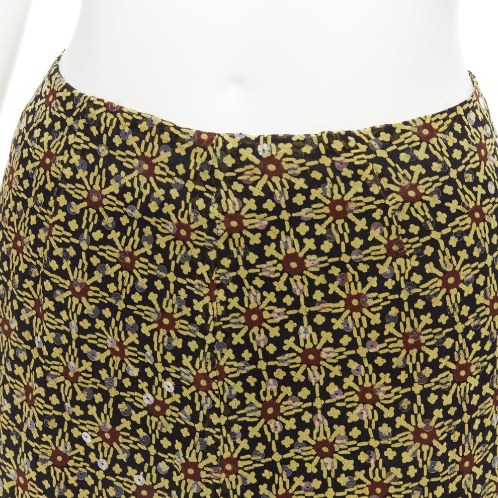 VERSUS Vintage 100% silk yellow black sequins mid rise knee skirt 26