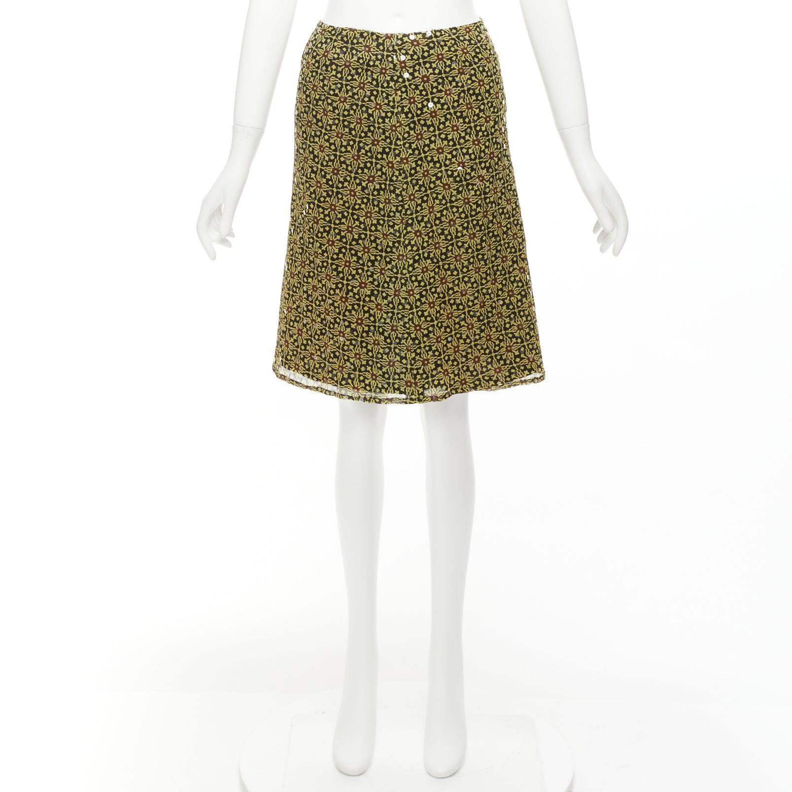 VERSUS Vintage 100% silk yellow black sequins mid rise knee skirt 26