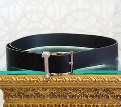 VERSUS+ANTHONY VACCARELLO BLACK LEATHER BELT w/SILVER-TONE COLUMN BUCKLE 75; 90