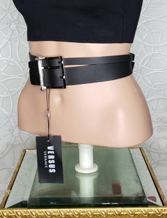 VERSUS+ANTHONY VACCARELLO BLACK LEATHER DOUBLE BELT w/SILVER COLUMN BUCKLE 75/30