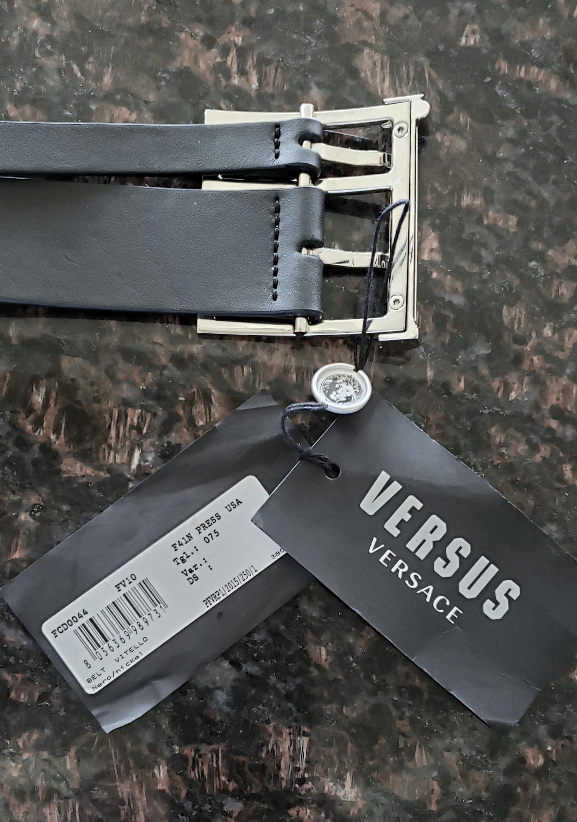 VERSUS+ANTHONY VACCARELLO BLACK LEATHER DOUBLE BELT w/SILVER COLUMN BUCKLE 75/30 For Sale 2
