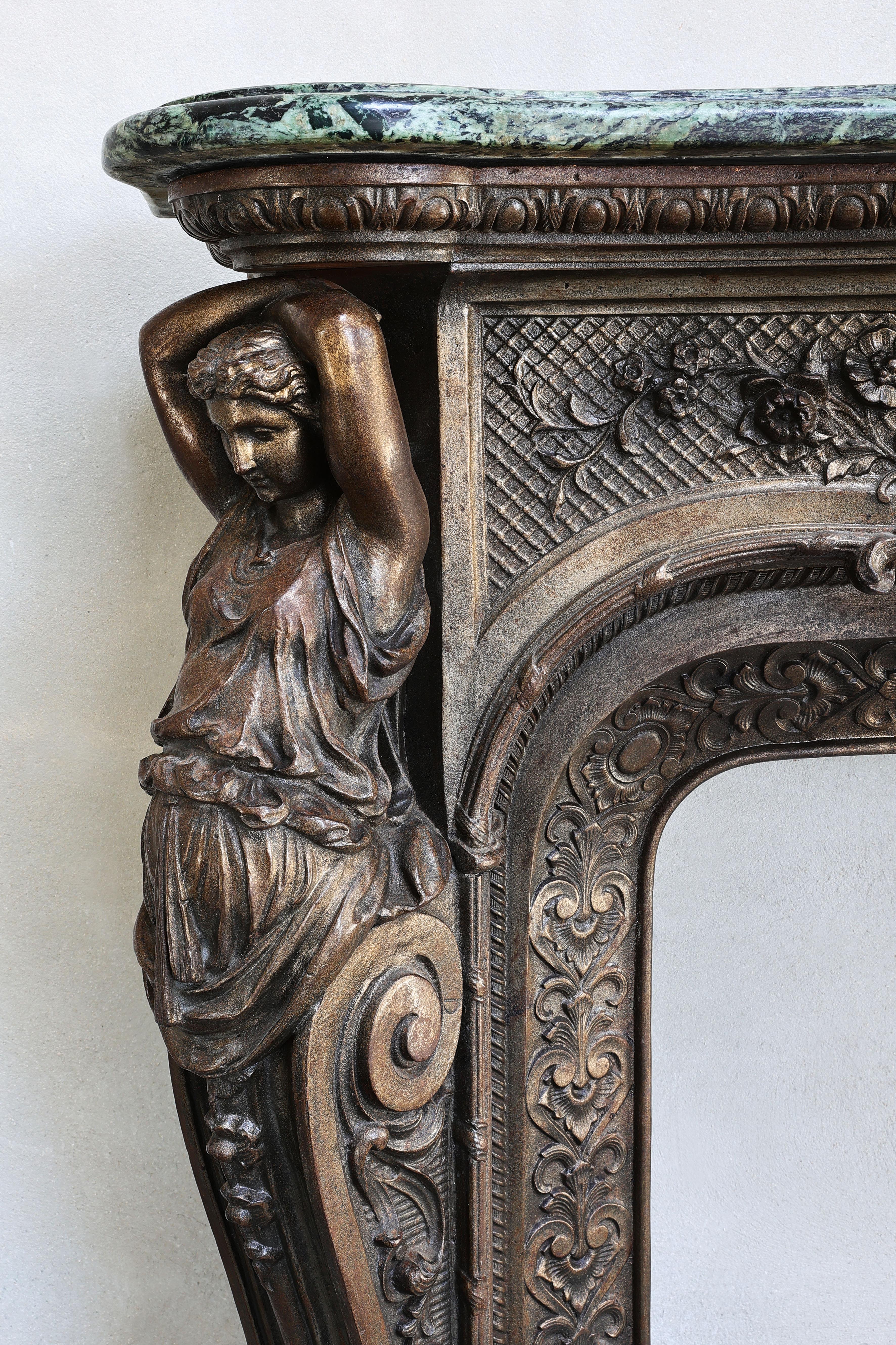 19th Century Bronze Patinated Cast Iron Mantle and Vert de Grece Marble Shelf For Sale 6