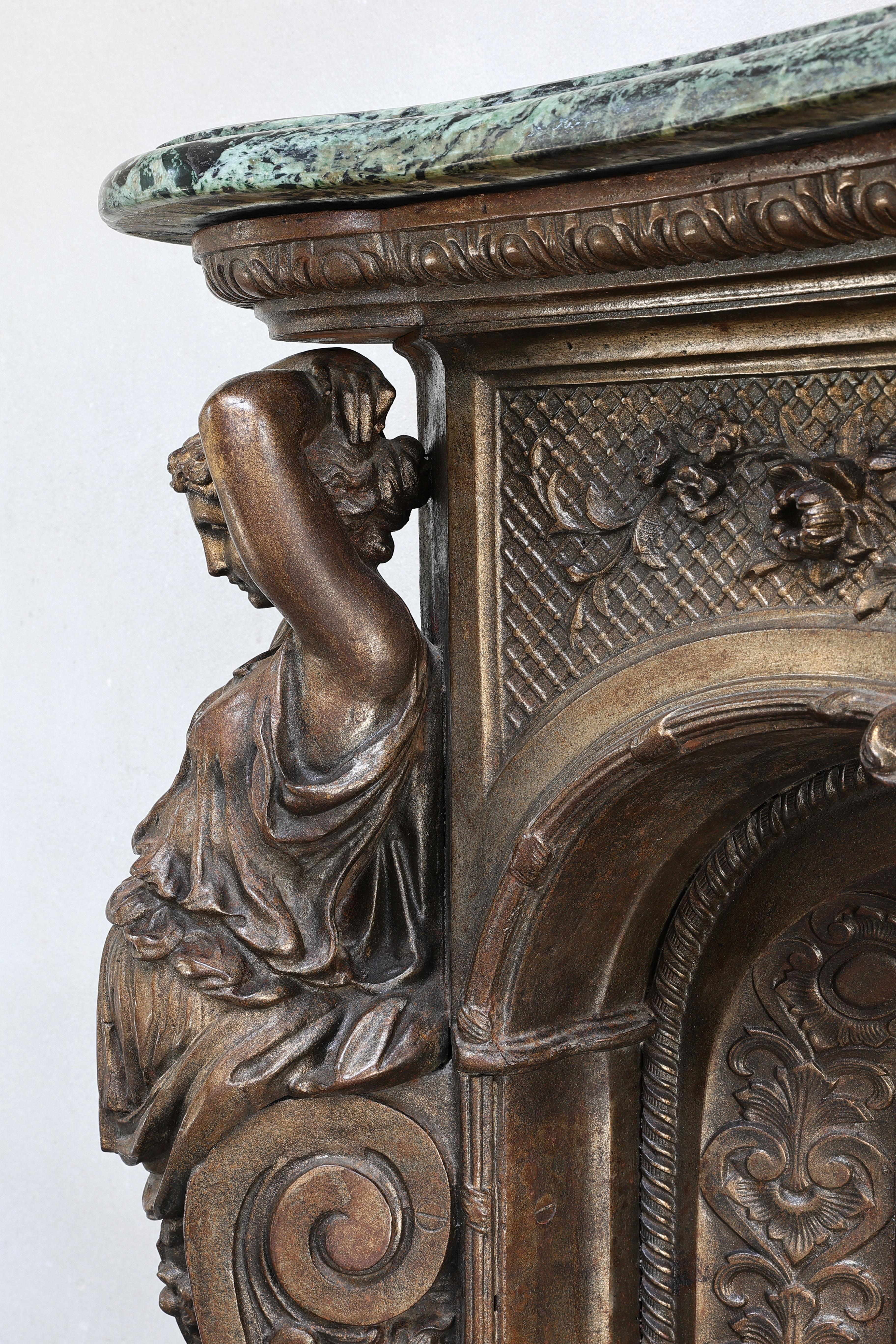 19th Century Bronze Patinated Cast Iron Mantle and Vert de Grece Marble Shelf For Sale 7