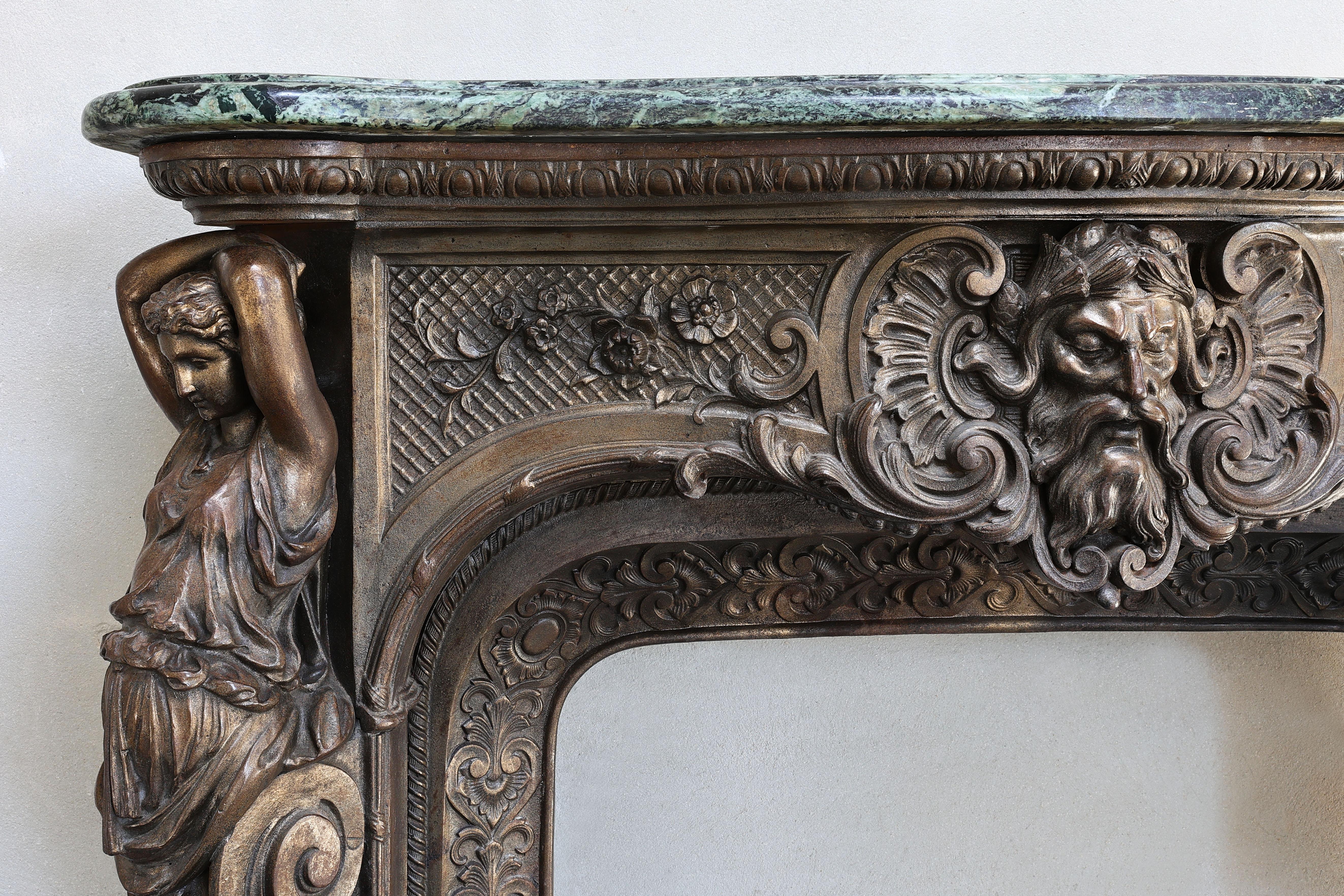 French 19th Century Bronze Patinated Cast Iron Mantle and Vert de Grece Marble Shelf For Sale