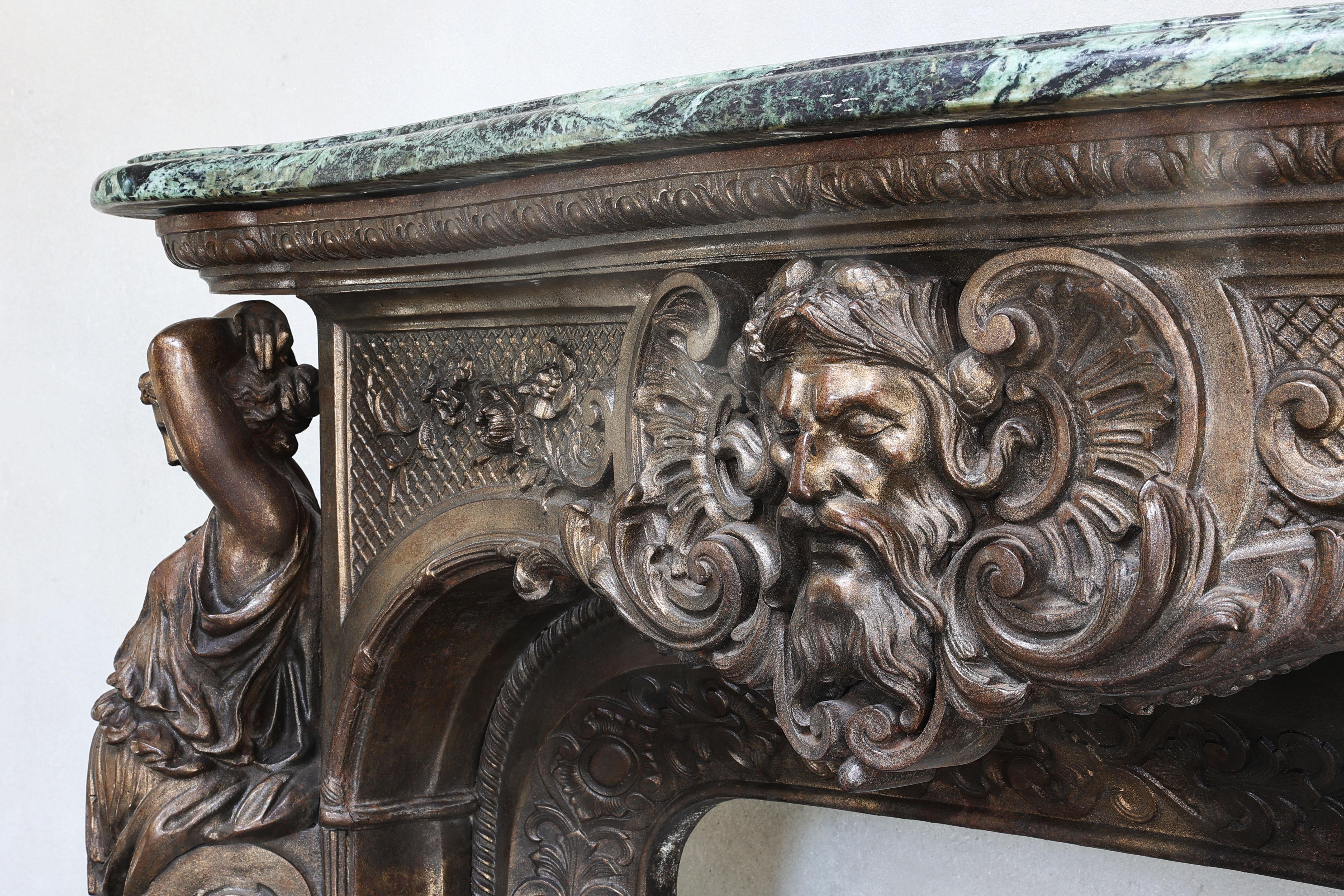 19th Century Bronze Patinated Cast Iron Mantle and Vert de Grece Marble Shelf In Good Condition For Sale In Made, NL