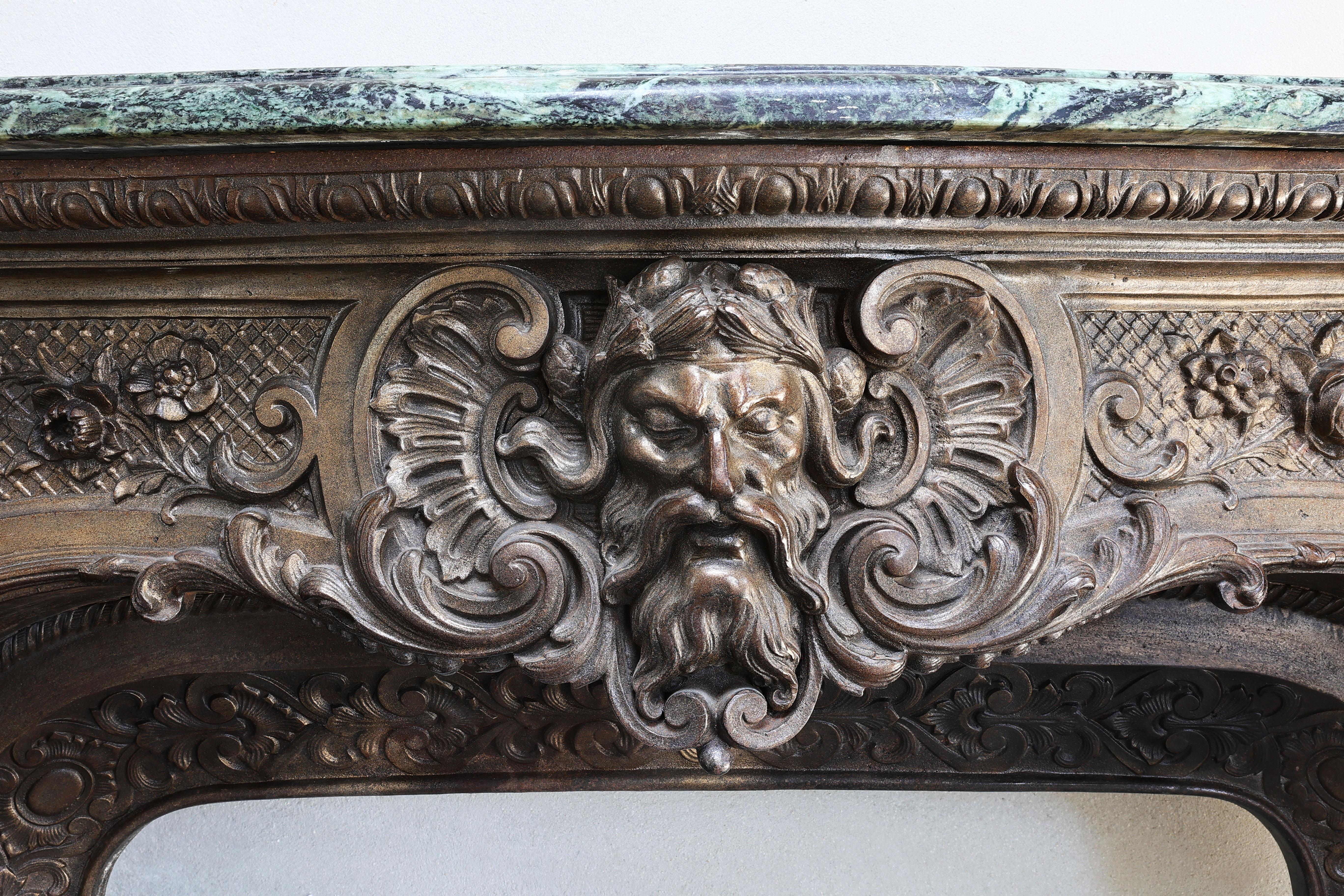 19th Century Bronze Patinated Cast Iron Mantle and Vert de Grece Marble Shelf For Sale 1