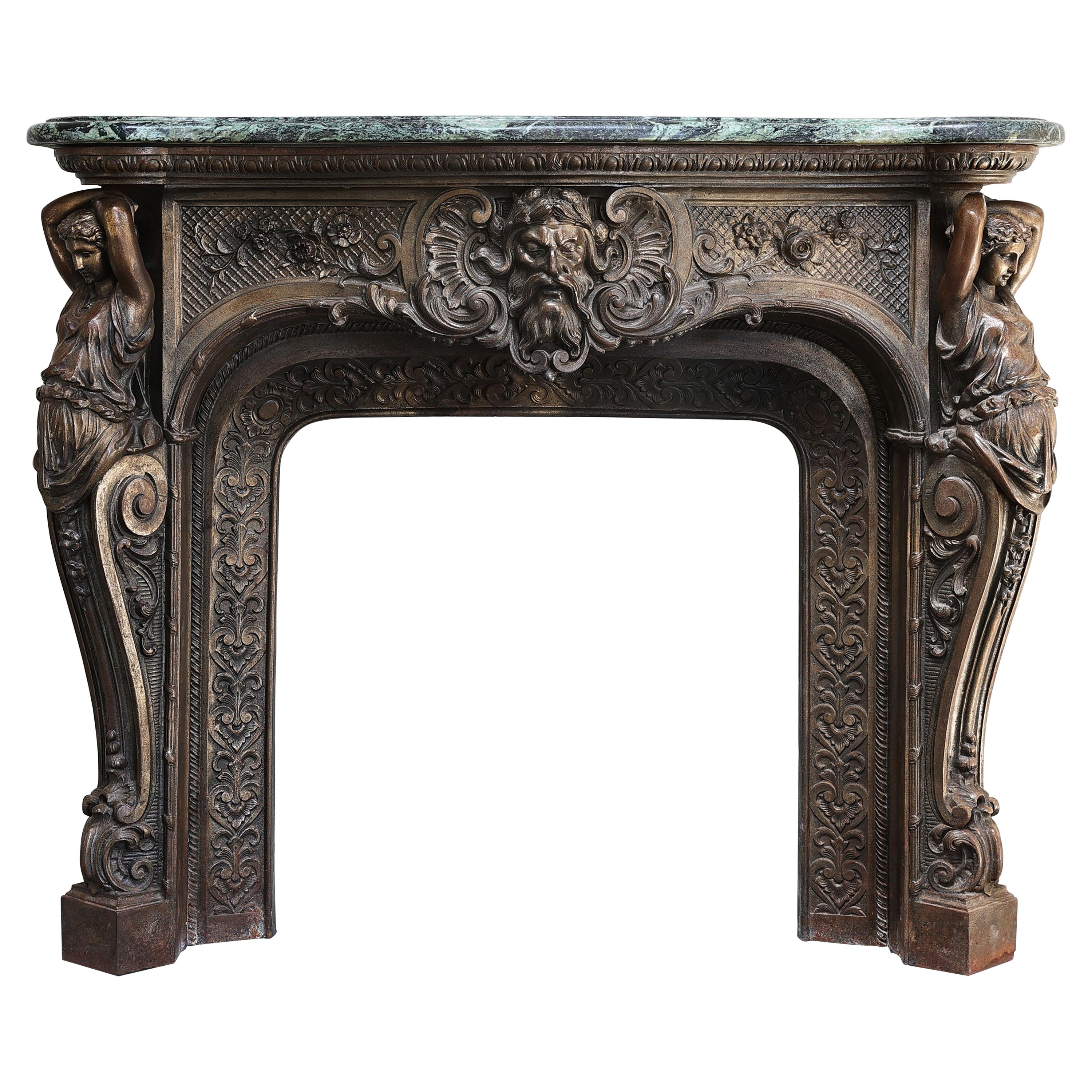 19th Century Bronze Patinated Cast Iron Mantle and Vert de Grece Marble Shelf For Sale