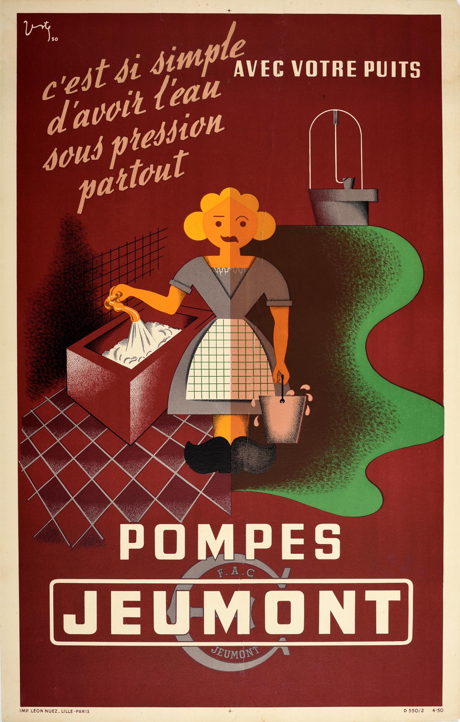Vintage-Werbeplakat " Pompes Jeumont" mit Wasserpumpen, modernistisches Design