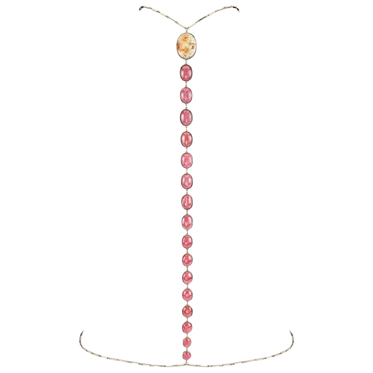 Vertebrae Body-Chain with Cabochon Coral and Rhodochrosite in 18k Gold