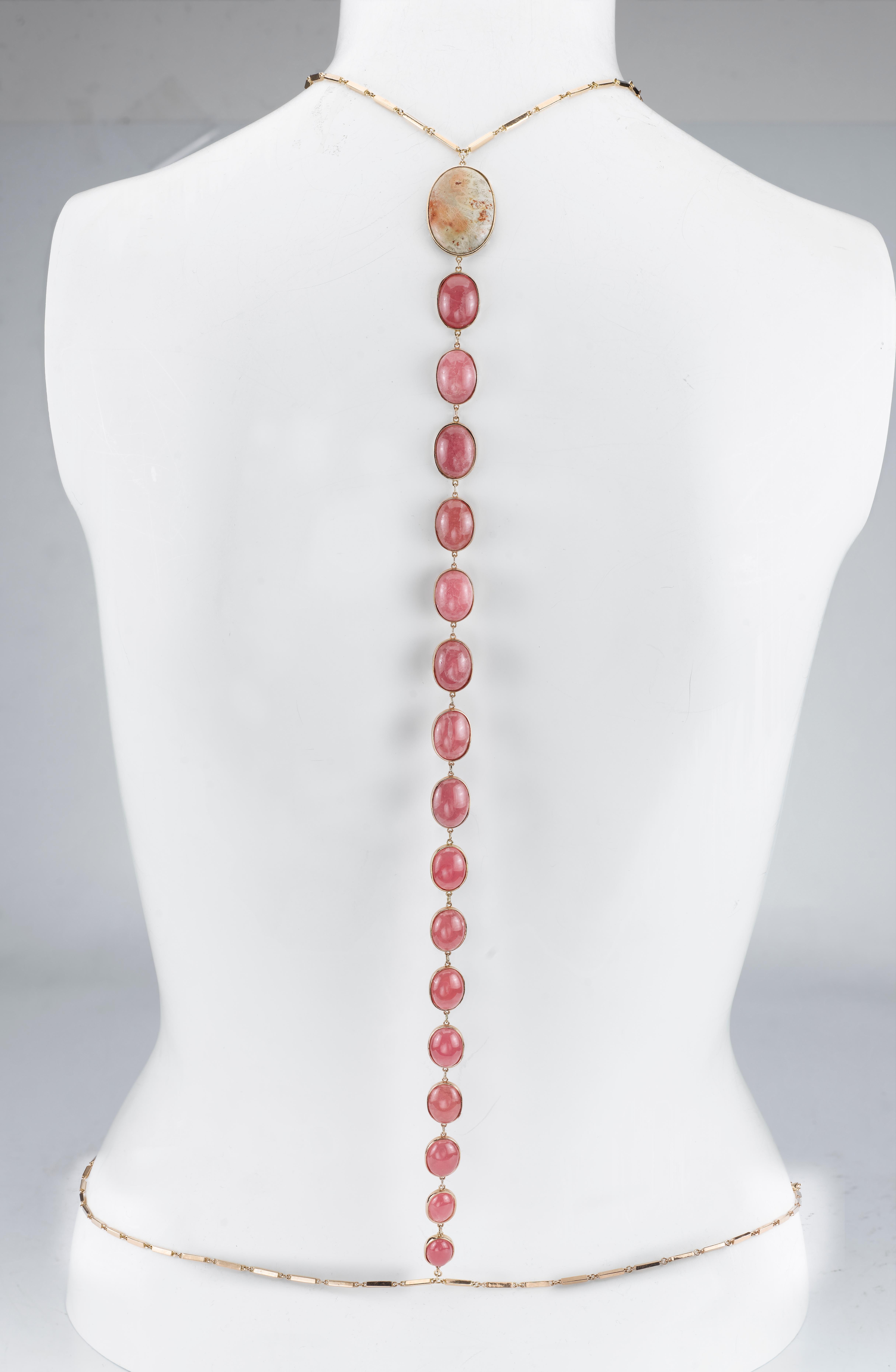 Vertebrae Body-Chain with Cabochon Coral and Rhodochrosite in 18k Gold For Sale 2