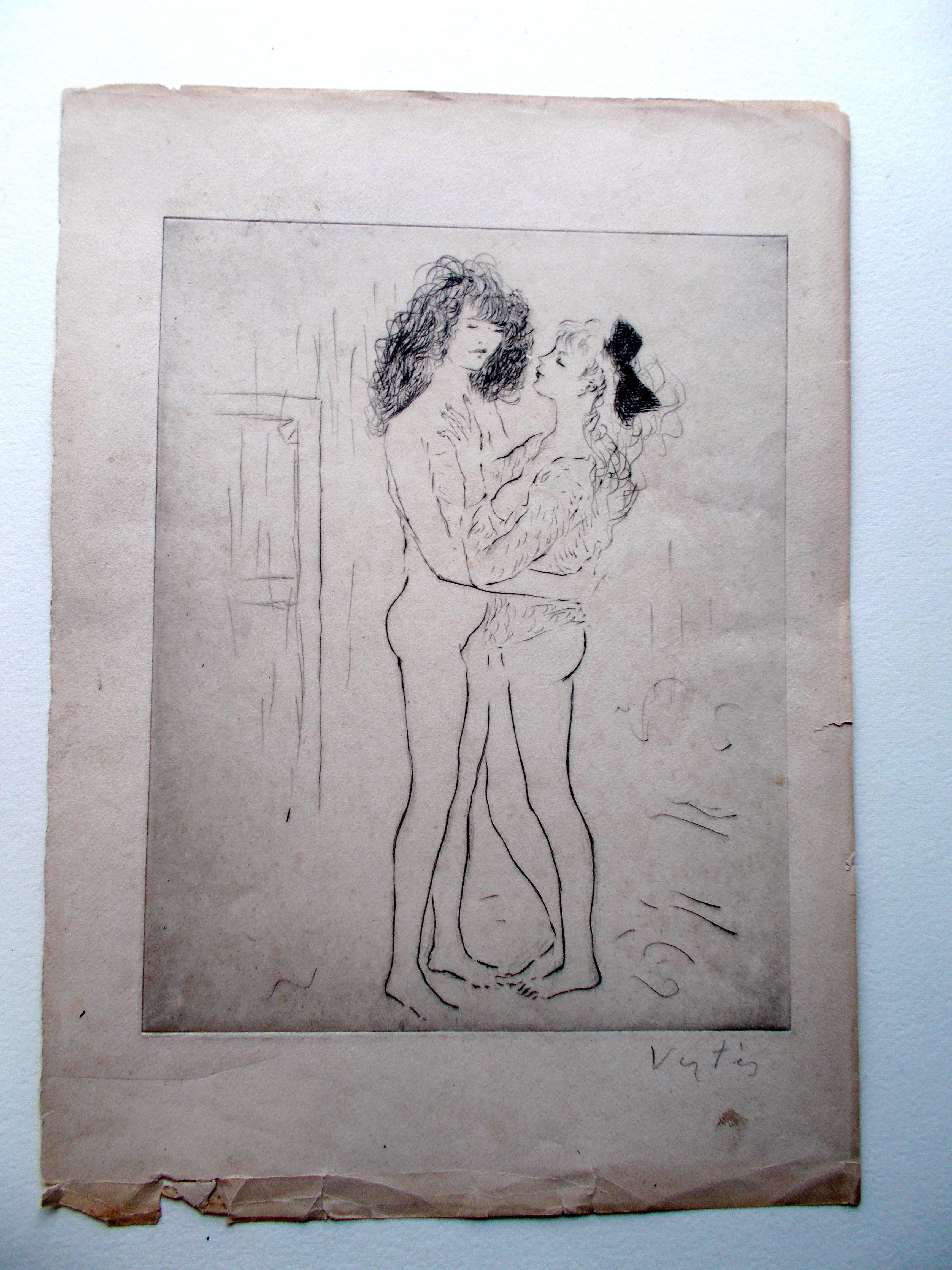 Signed etching of an embracing couple. Unframed. Plate size 9 7/8