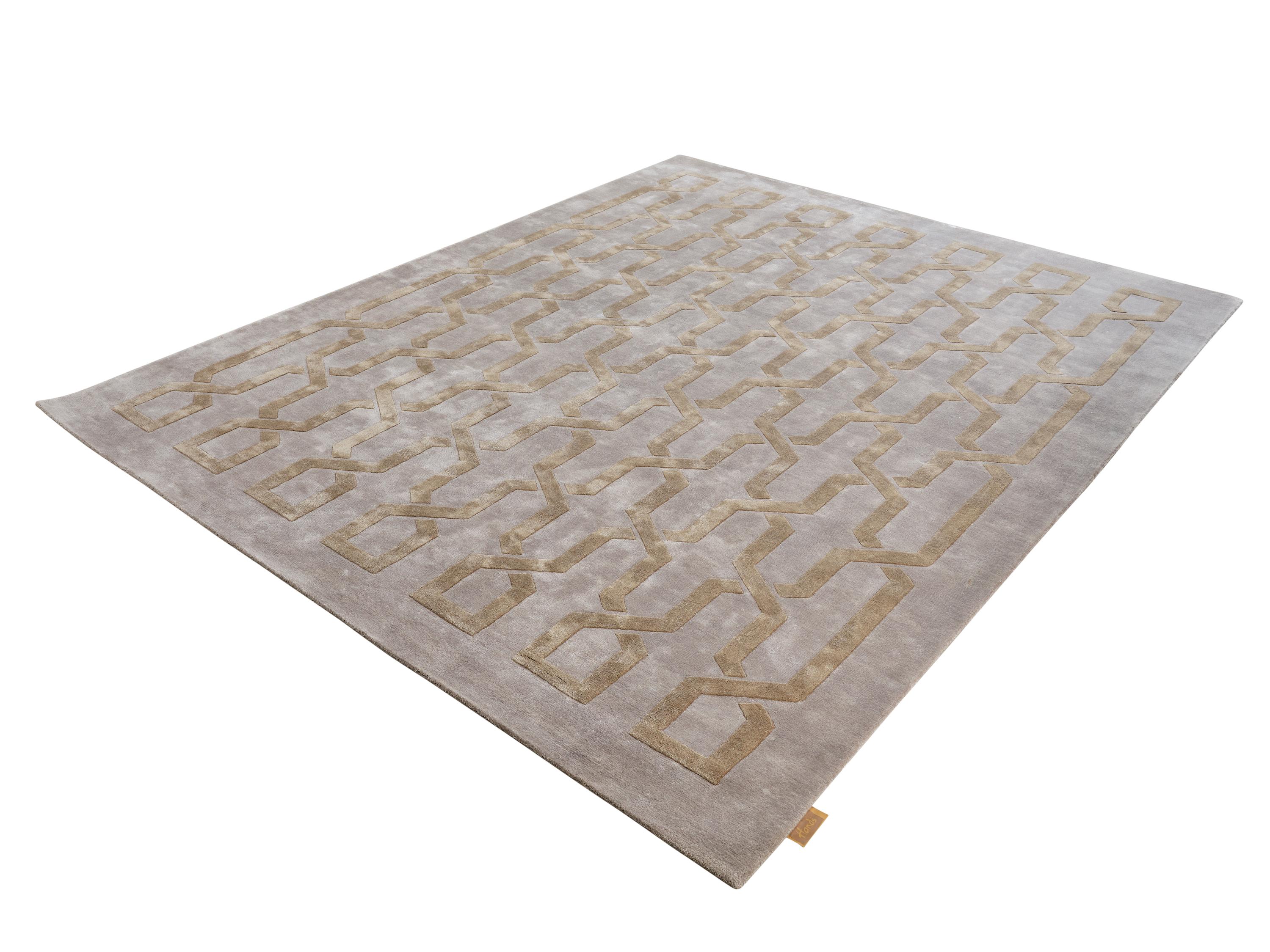Indian VERTEX Hand Tufted Modern Geometric Silk Rug in Gold Colour By Hands For Sale