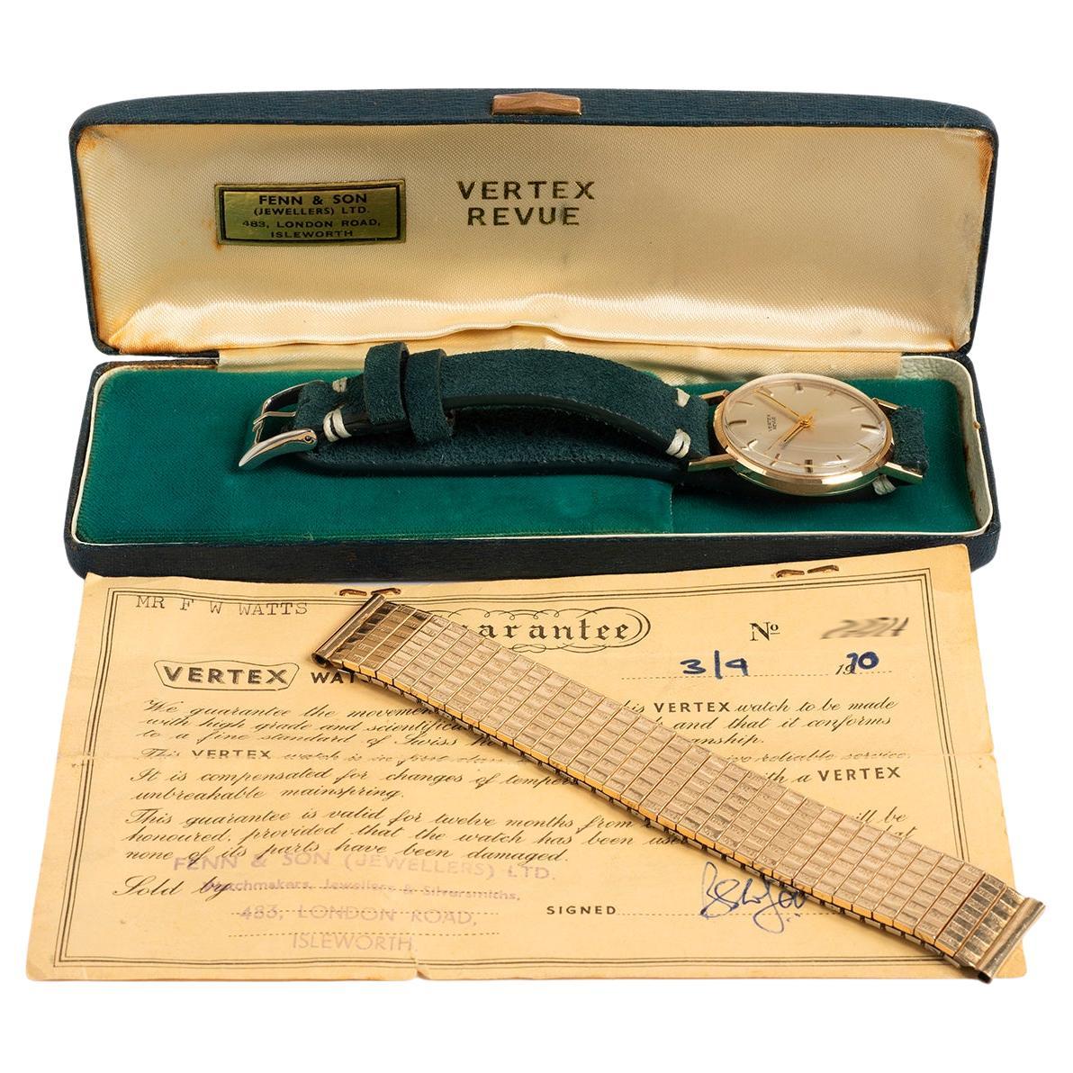 Our vintage and very attractive Vertex Revue features a 9k yellow gold 34mm case (inc crown) and is powered by a manually wound movement. A new suede strap has been fitted with generic steel buckle. Of note, this example was a presentation watch,