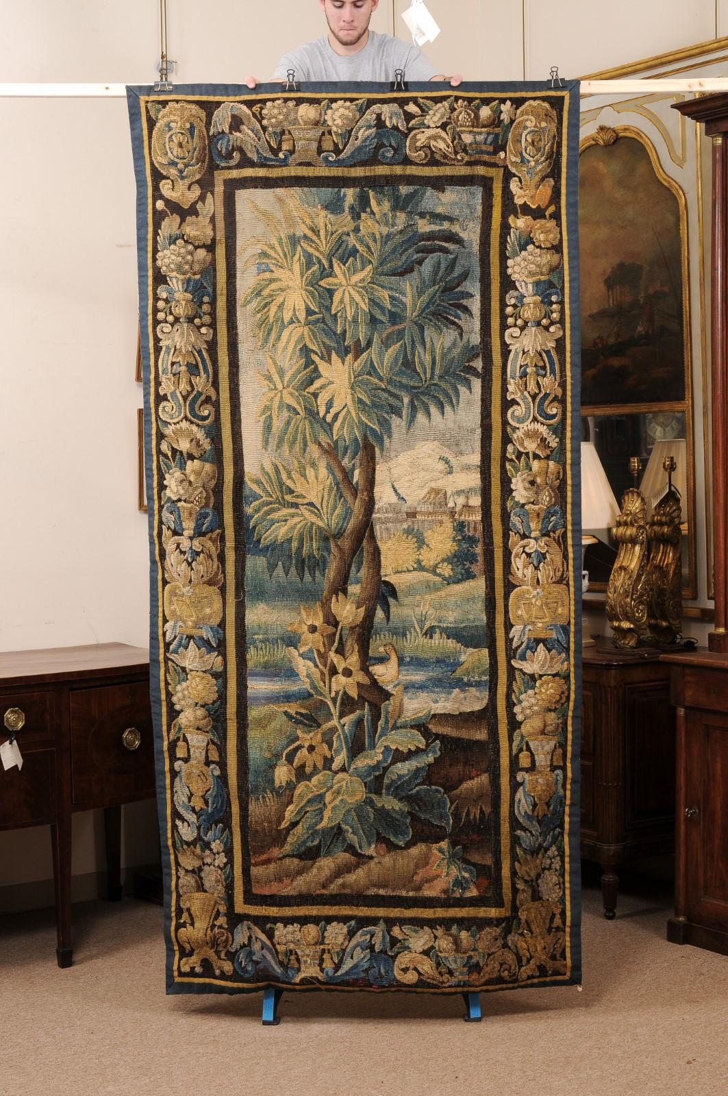 Vertical 18th Century French Aubusson Tapestry with Foliage, Bird & Original Border