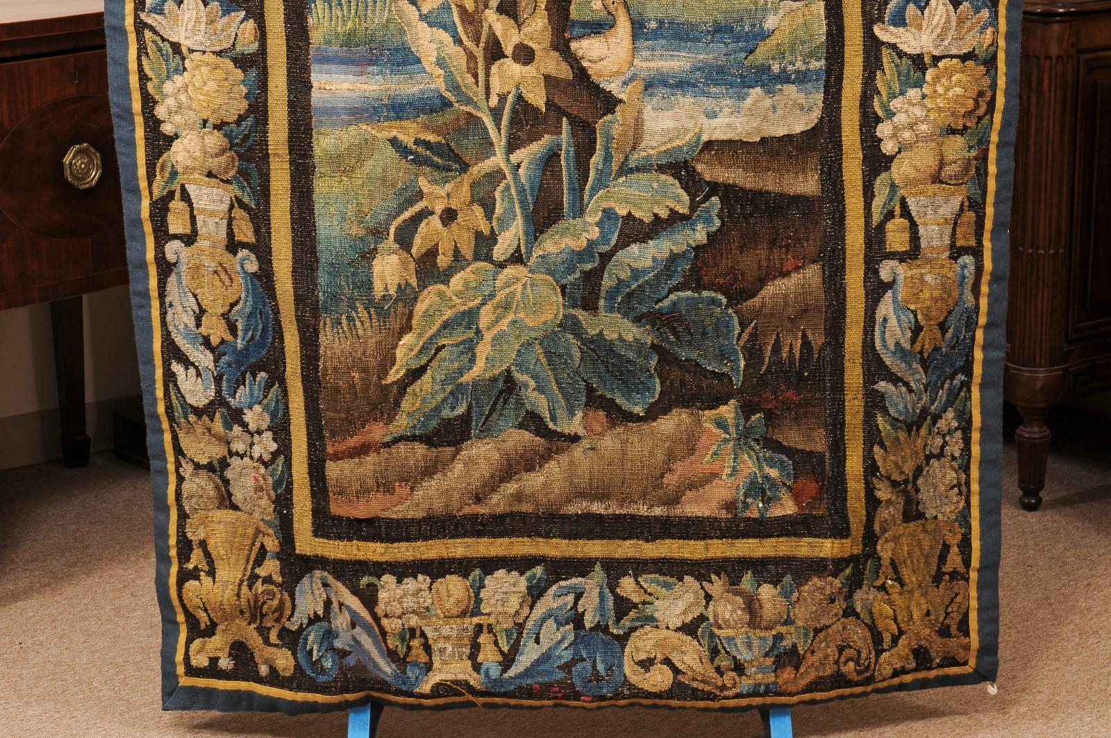 Vertical 18th Century French Aubusson Tapestry with Foliage, Bird & Original Bor In Fair Condition For Sale In Atlanta, GA