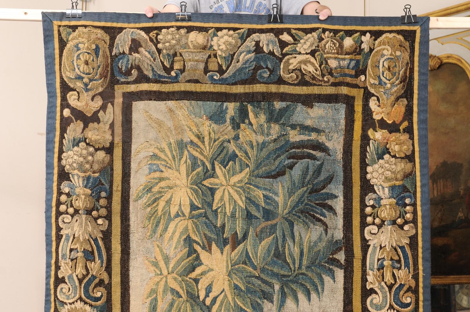 Fabric Vertical 18th Century French Aubusson Tapestry with Foliage, Bird & Original Bor For Sale