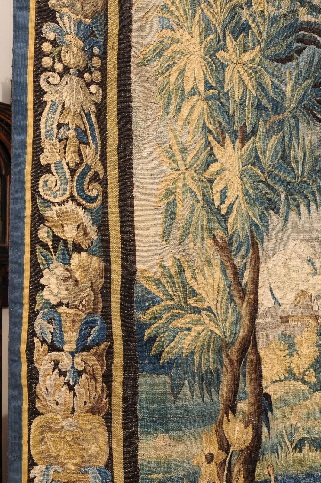 Vertical 18th Century French Aubusson Tapestry with Foliage, Bird & Original Bor For Sale 2