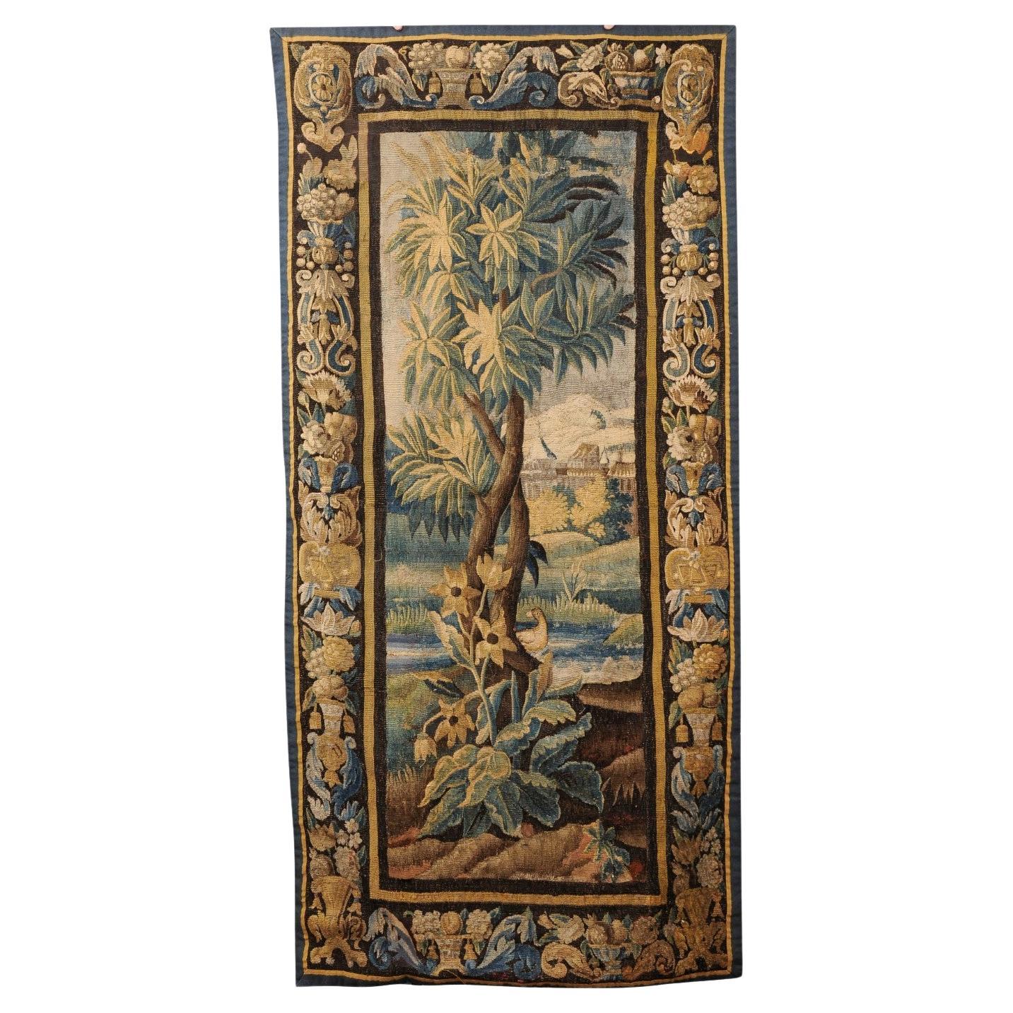 Vertical 18th Century French Aubusson Tapestry with Foliage, Bird & Original Bor