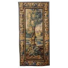 Antique Vertical 18th Century French Aubusson Tapestry with Foliage, Bird & Original Bor