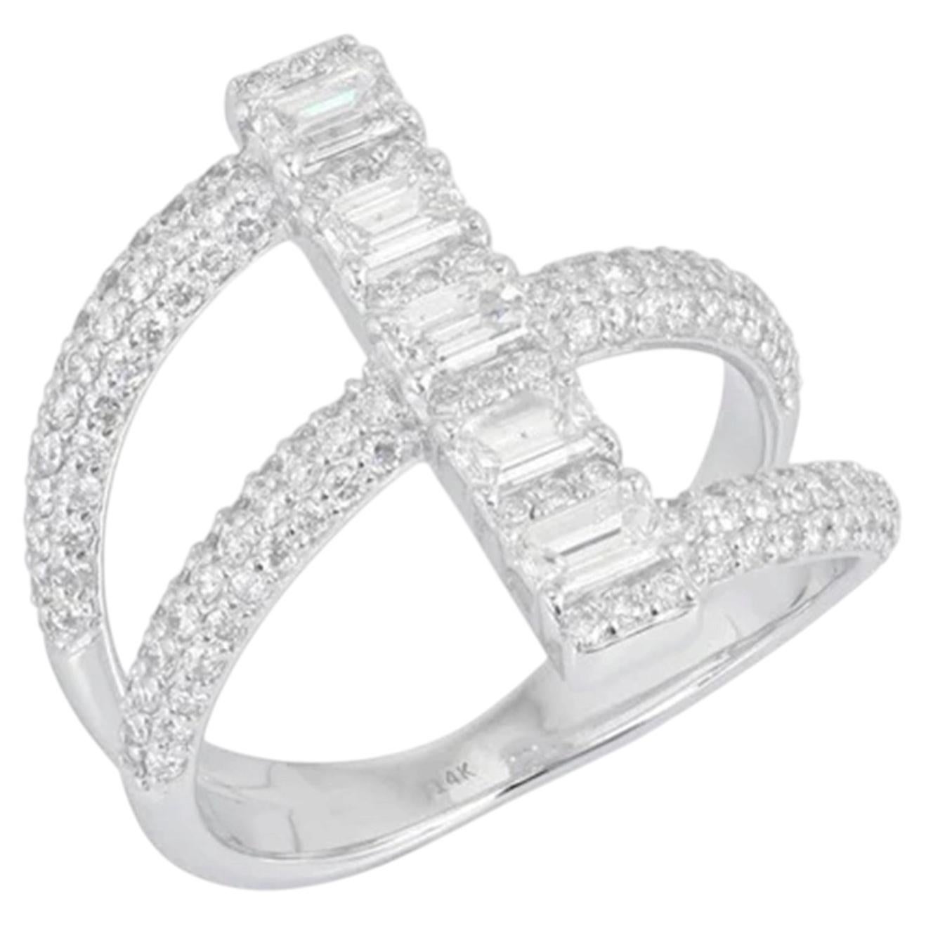 For Sale:  1.57ct Vertical Baguette Diamond 14K White Gold Double Band Ring