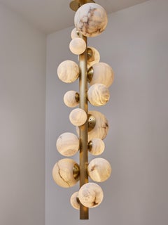 Vertical Brass Chandelier with Alabaster Globes