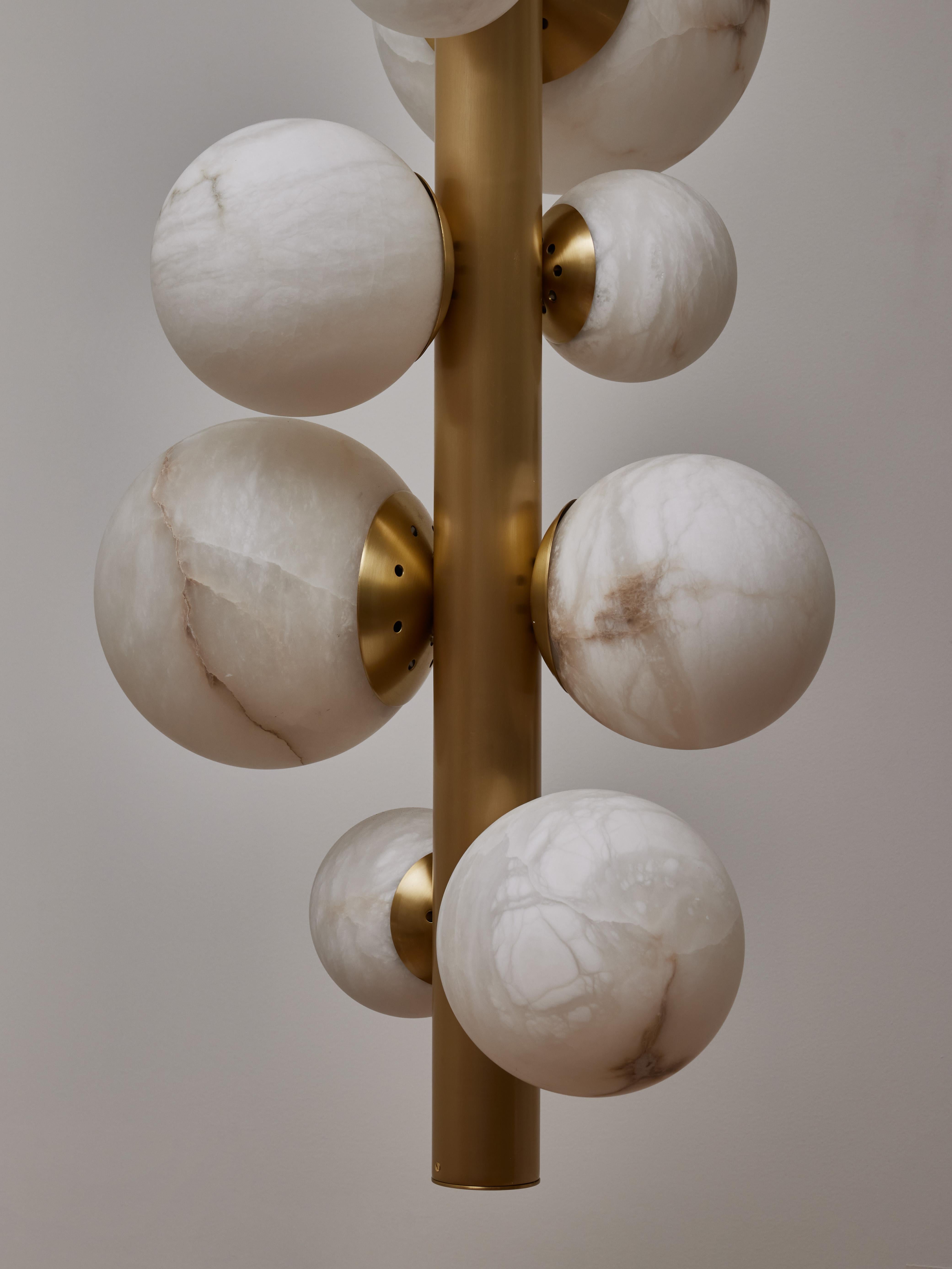 Italian Vertical Brass Chandelier with Alabaster Globes For Sale