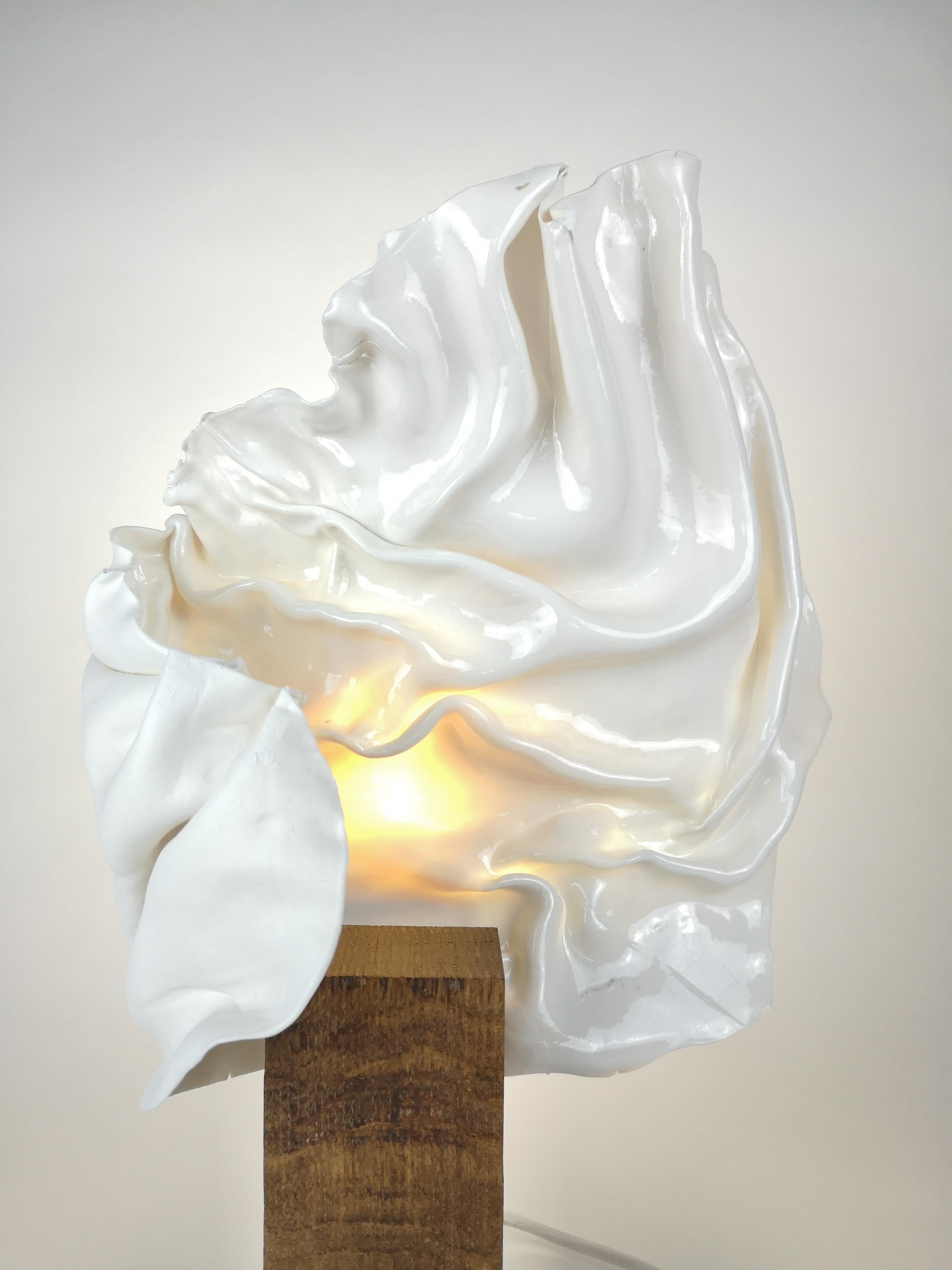 Vertical Elightened Drapery Sculpture by Dora Stanczel
One of a Kind.
Dimensions: D 15 x W 35 x H 40 cm.
Materials: Porcelain and wooden pedestal.

This sculpture includes a lighting system. Also available in a horizontal version. Please contact