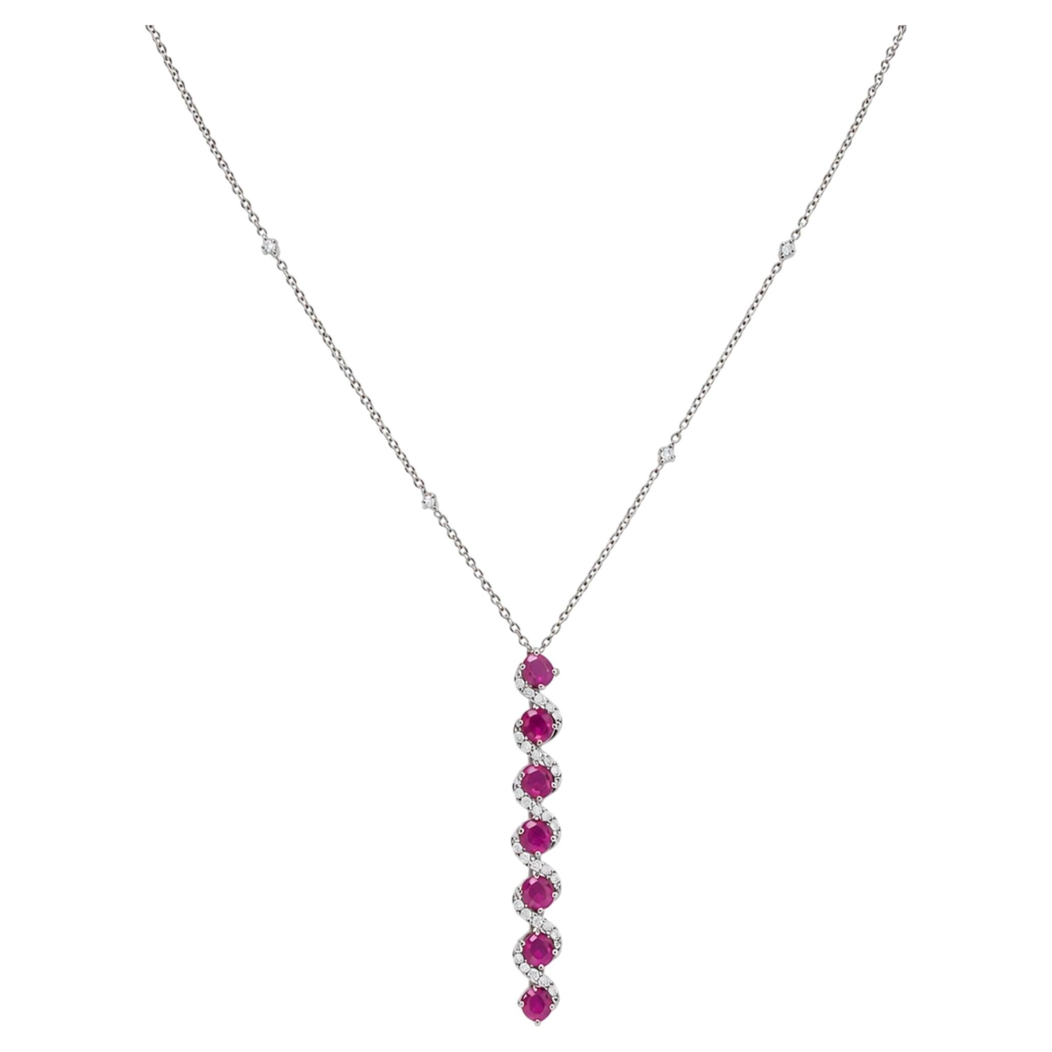 Vertical Ruby Natural Diamond Necklace in 14k Solid Gold (Certified) For Sale