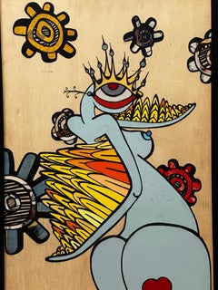 Vertical  Psychedelic Acrylic Blue Nude on Plywood by Chief